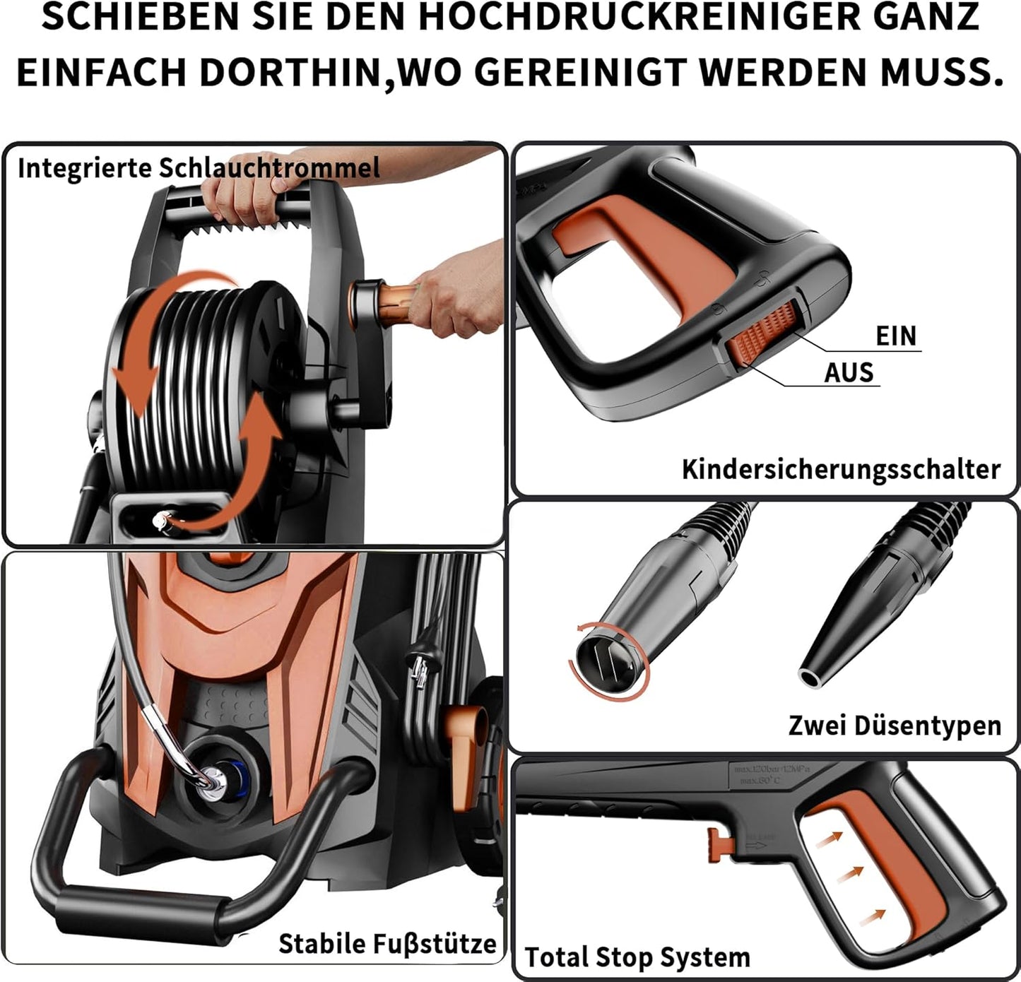 Hochdruckreiniger 180 Bar mit 6-in-1 Düse, Rot