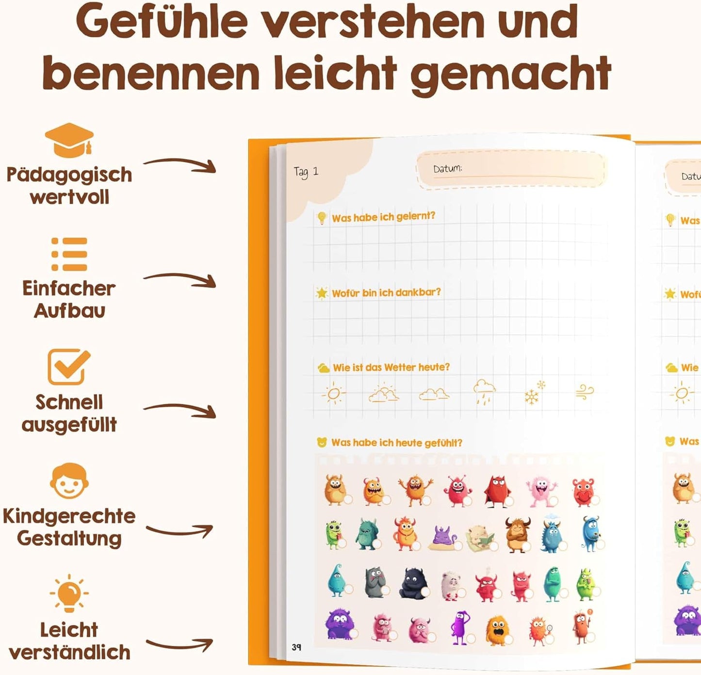 Gefühlstagebuch für Kinder mit Spielen, Orange