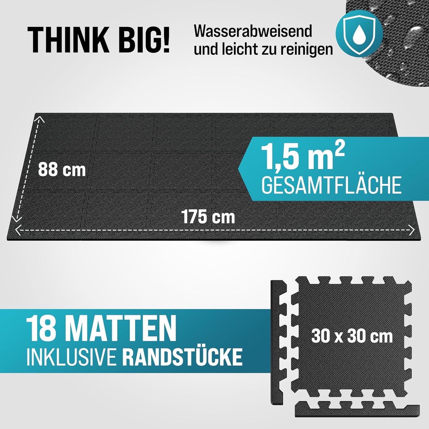Bodenschutzmatten-Set für Fitness, 18 Matten | 1,5 m² | Schwarz