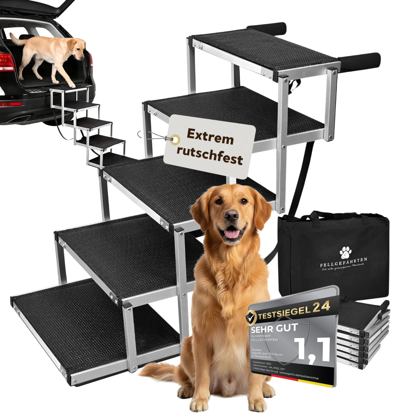 Klappbare Hundetreppe & Hunderampe mit Reflektoren, 5 Stufen
