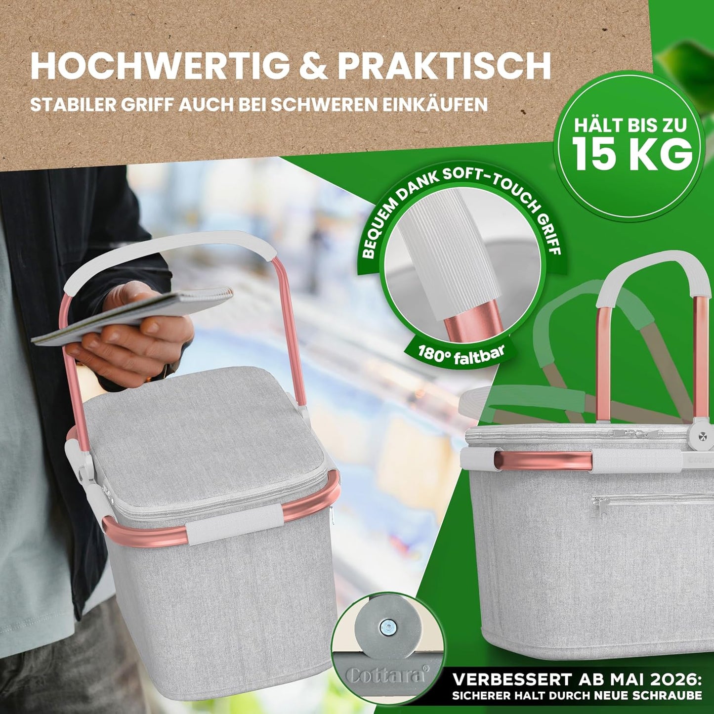 Thermo Einkaufskorb Kühltasche mit Reissverschlussfach, Hellgrau Rose