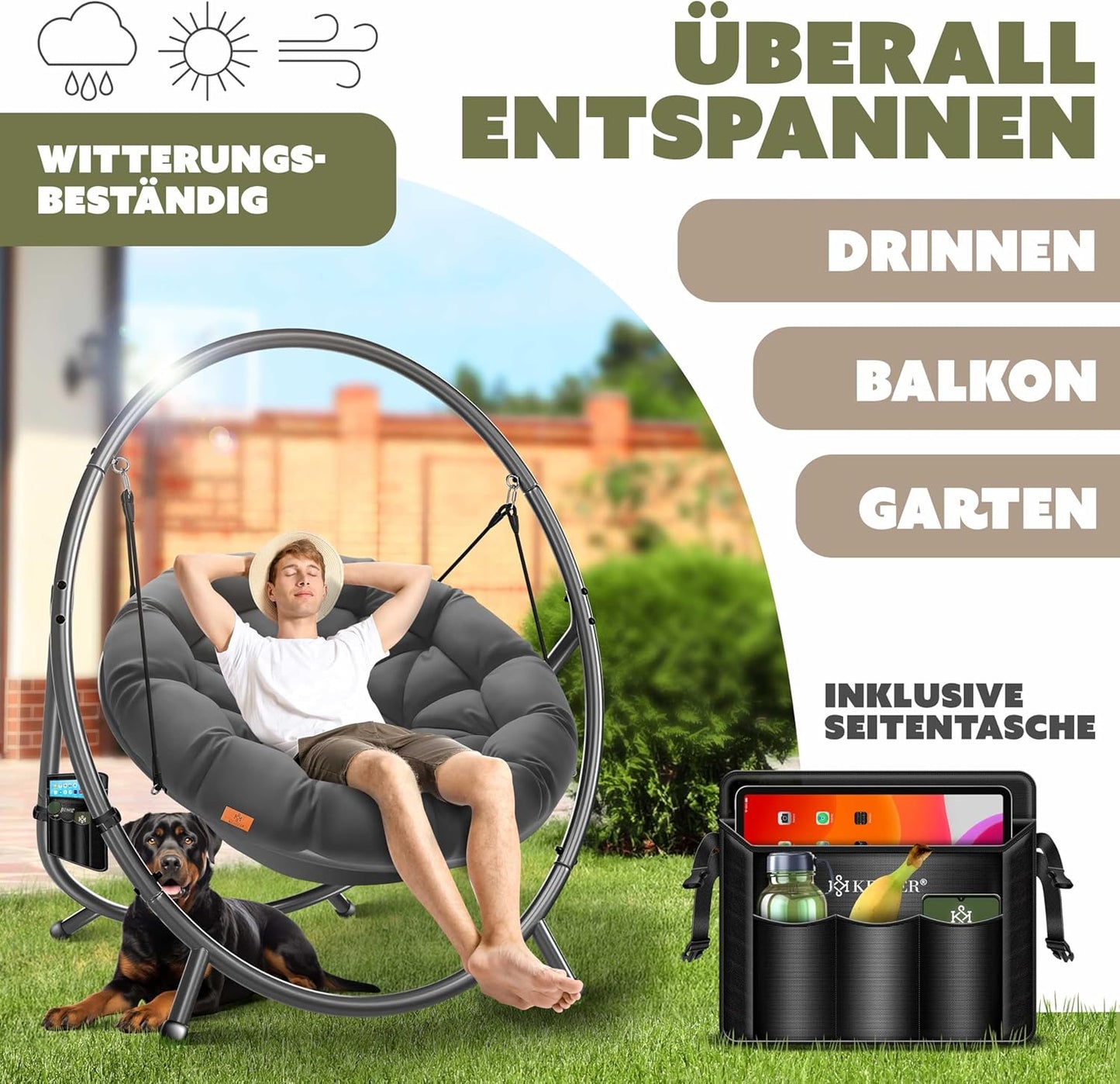 Hängesessel mit Gestell und Kissen-Set, Anthrazit