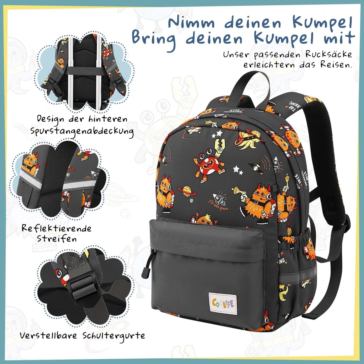 Kinderkoffer-Set mit Rucksack, Koffer-Set 5-tlg Monster