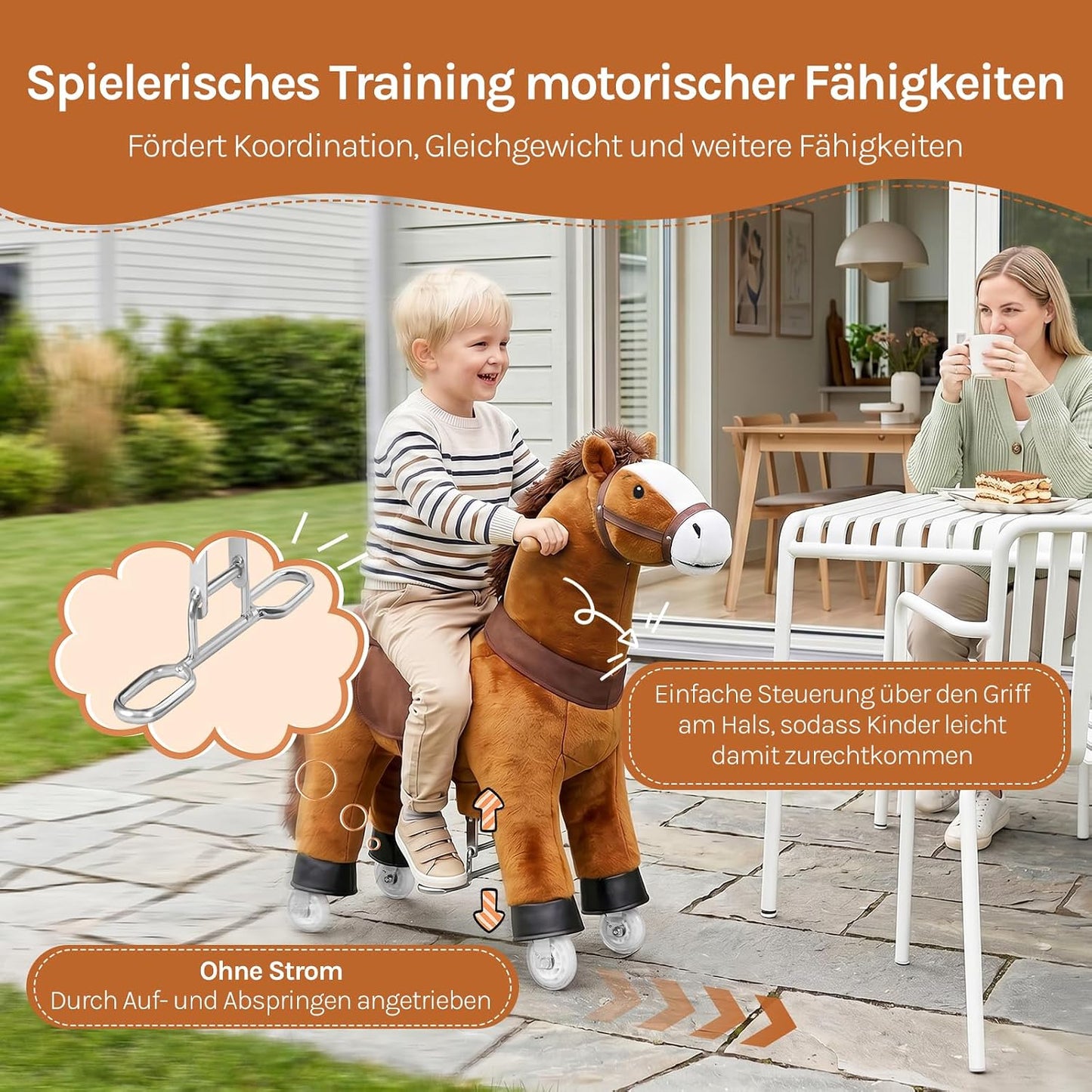 Reitpferd auf Rollen mit Soundfunktion, 95x94x35 cm
