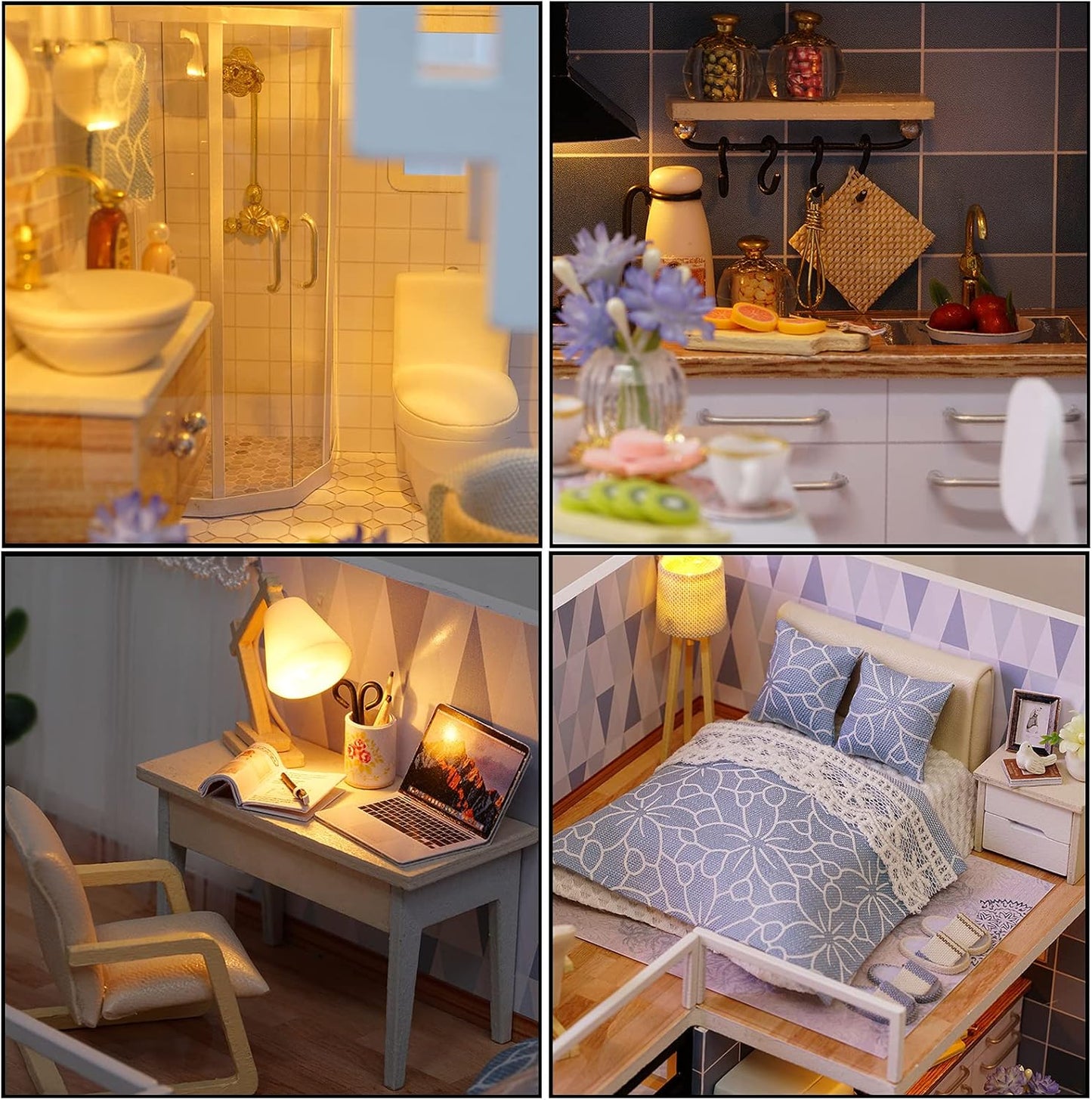 DIY Miniatur Puppenhaus mit Musik & LED Lichtern, Blassblaue Zeit