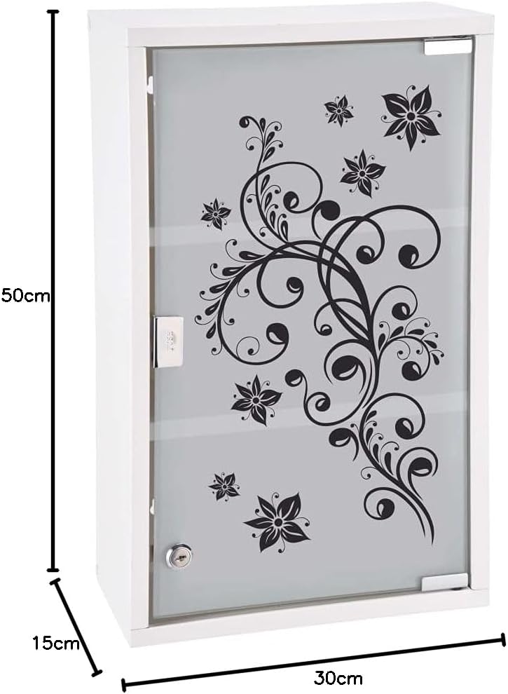 Abschliessbarer Medizinschrank mit Glastür und Schloss, Blumen