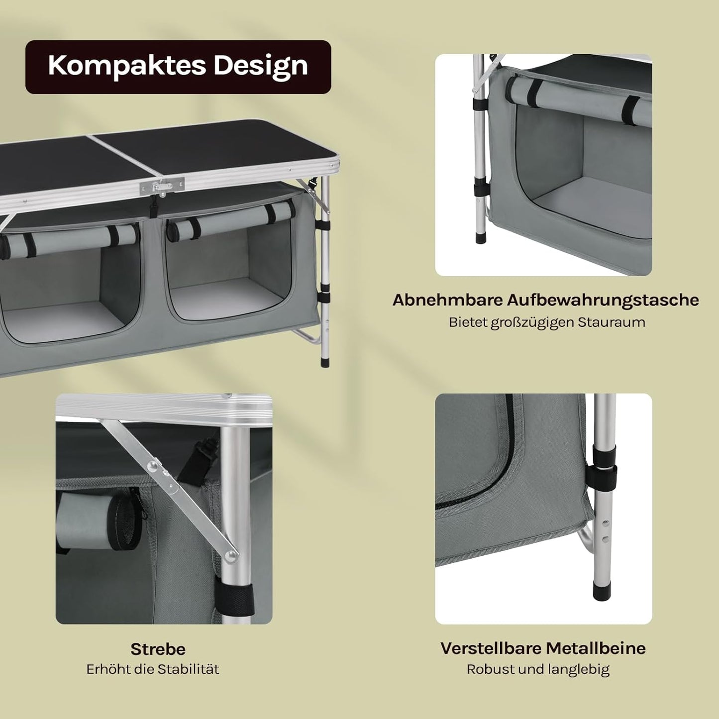 Faltbarer Campingtisch mit Stauraum, Schwarz+grau