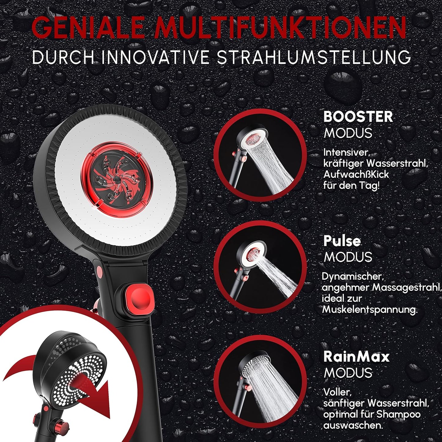 Double-Face Max Duschkopf mit Wassersparfunktion, Mit Schlauch Schwarz Max