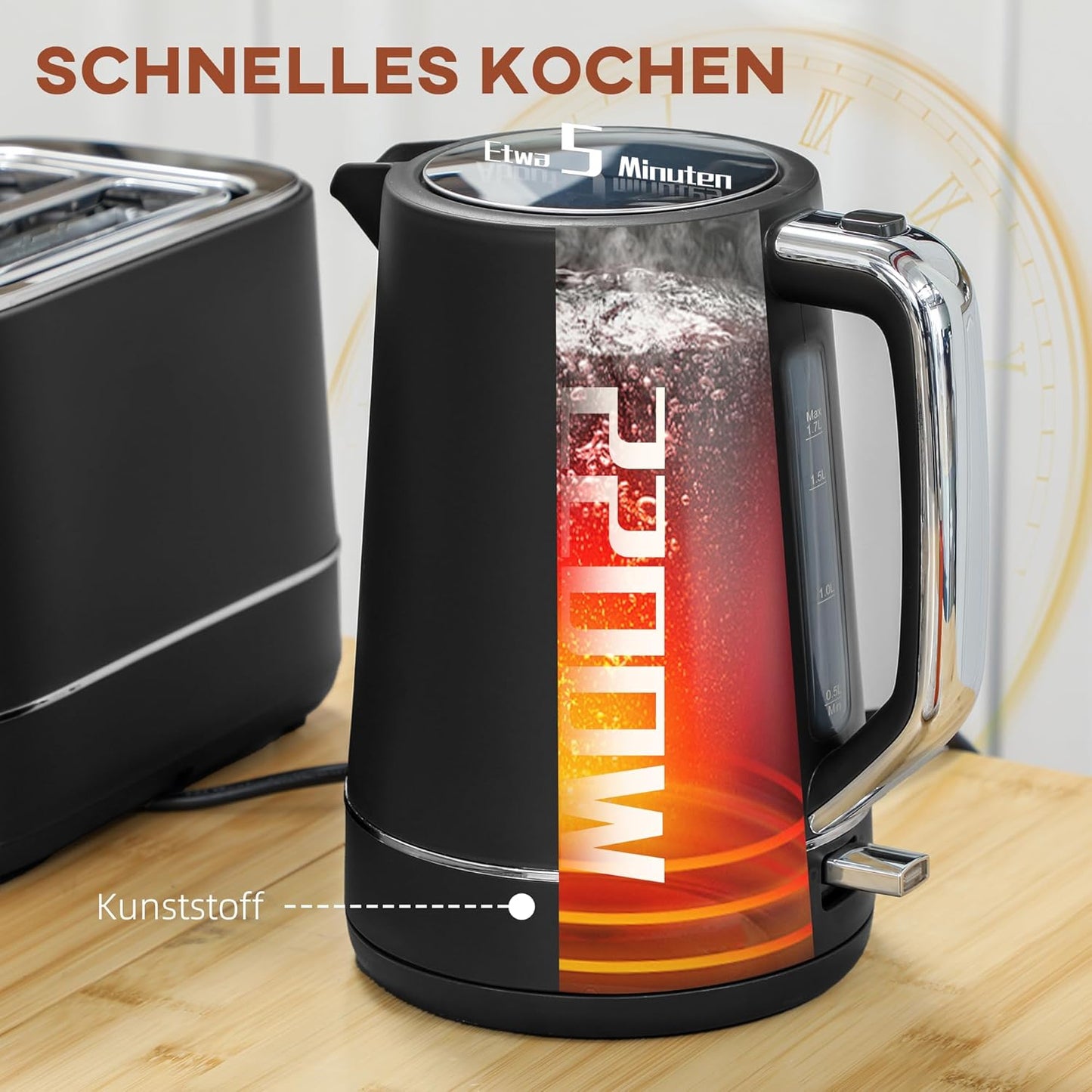 Frühstücks-Set mit Wasserkocher und Toaster, Schwarz