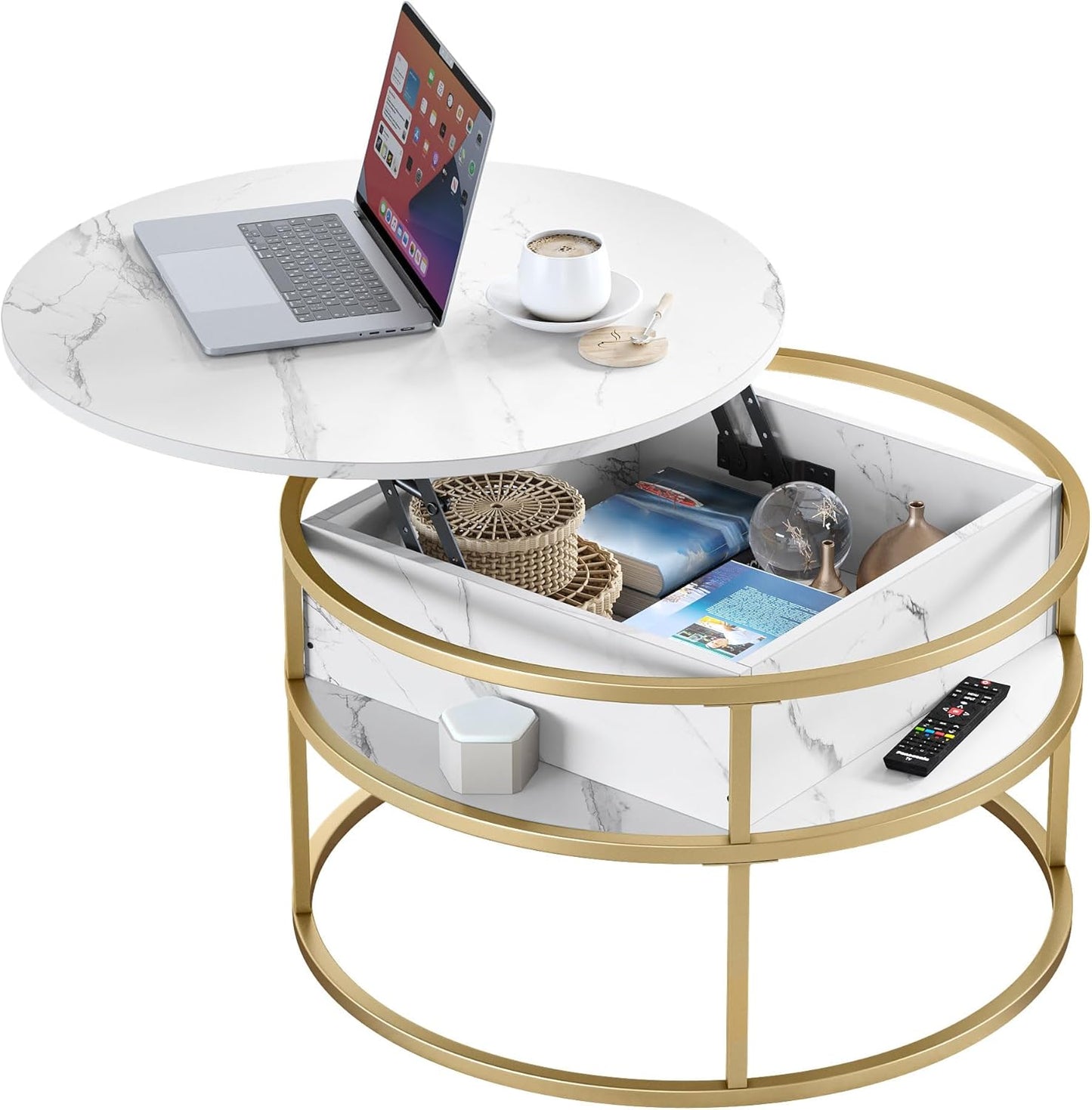 Runder Couchtisch mit Stauraum, Weiss&gold 80x80x47cm