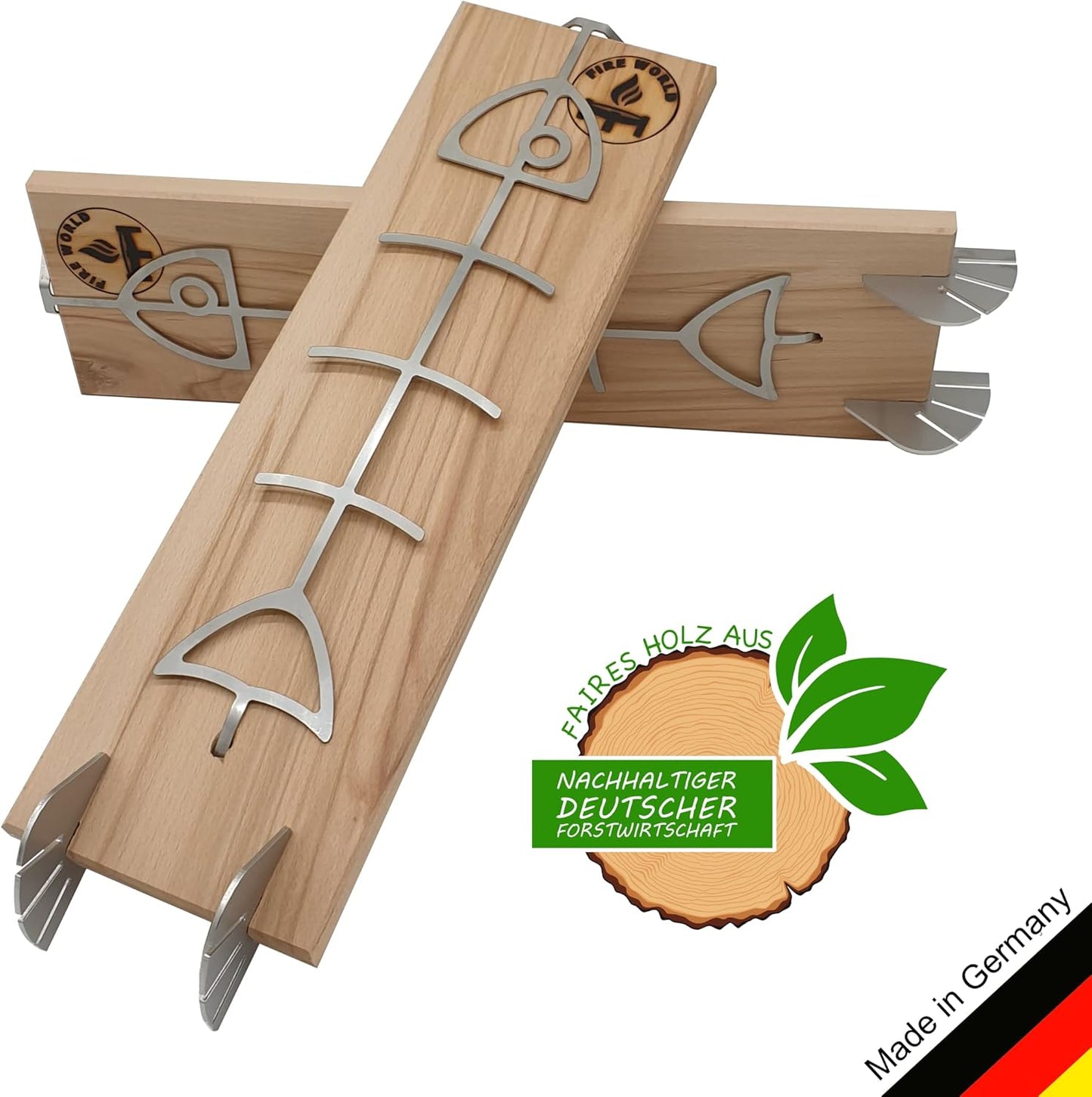 Flammlachsbretter-Set mit Edelstahlhalterung, 2er Set