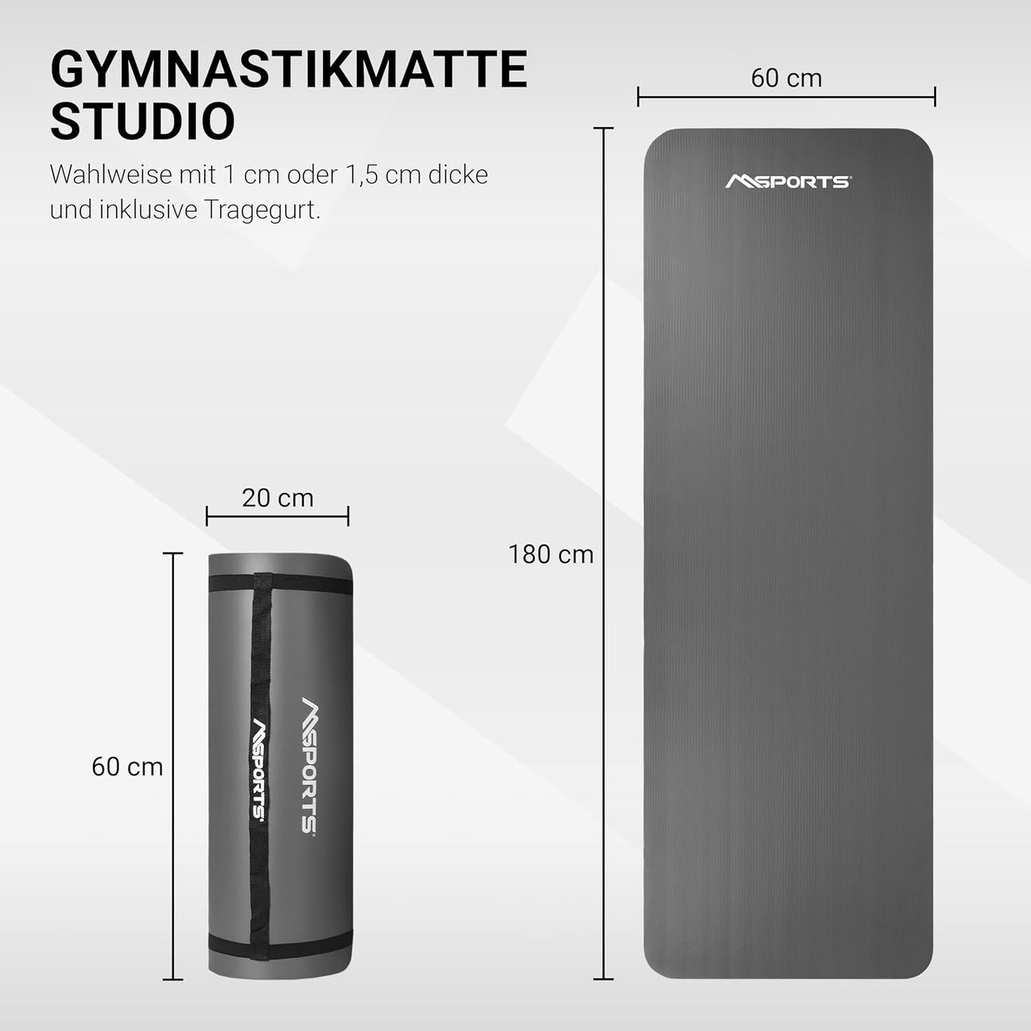 Gymnastikmatte mit Übungsposter und Tragegurten, Anthrazit 183 x 61 x 1,5 cm