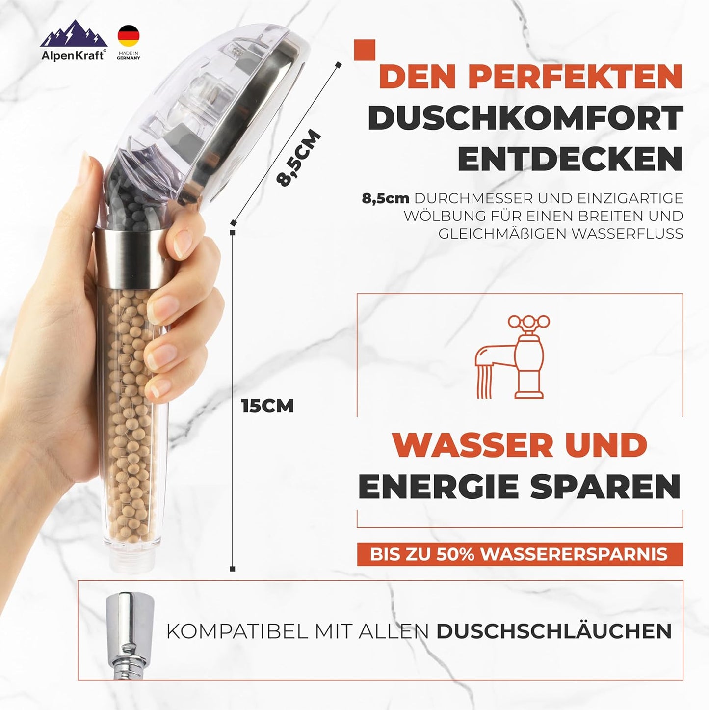 ZugSpitze - Wassersparender Duschkopf mit Aktivkohle und Zeolith Filterperlen