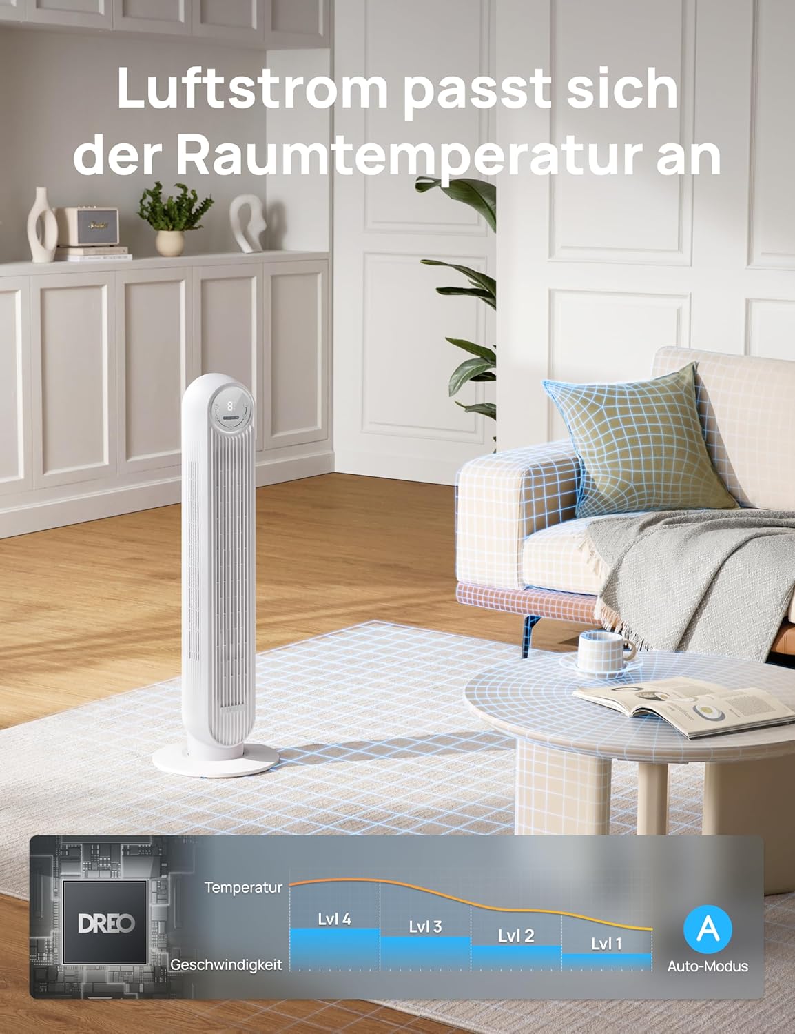 Leiser Turmventilator mit Fernbedienung und Timer, White