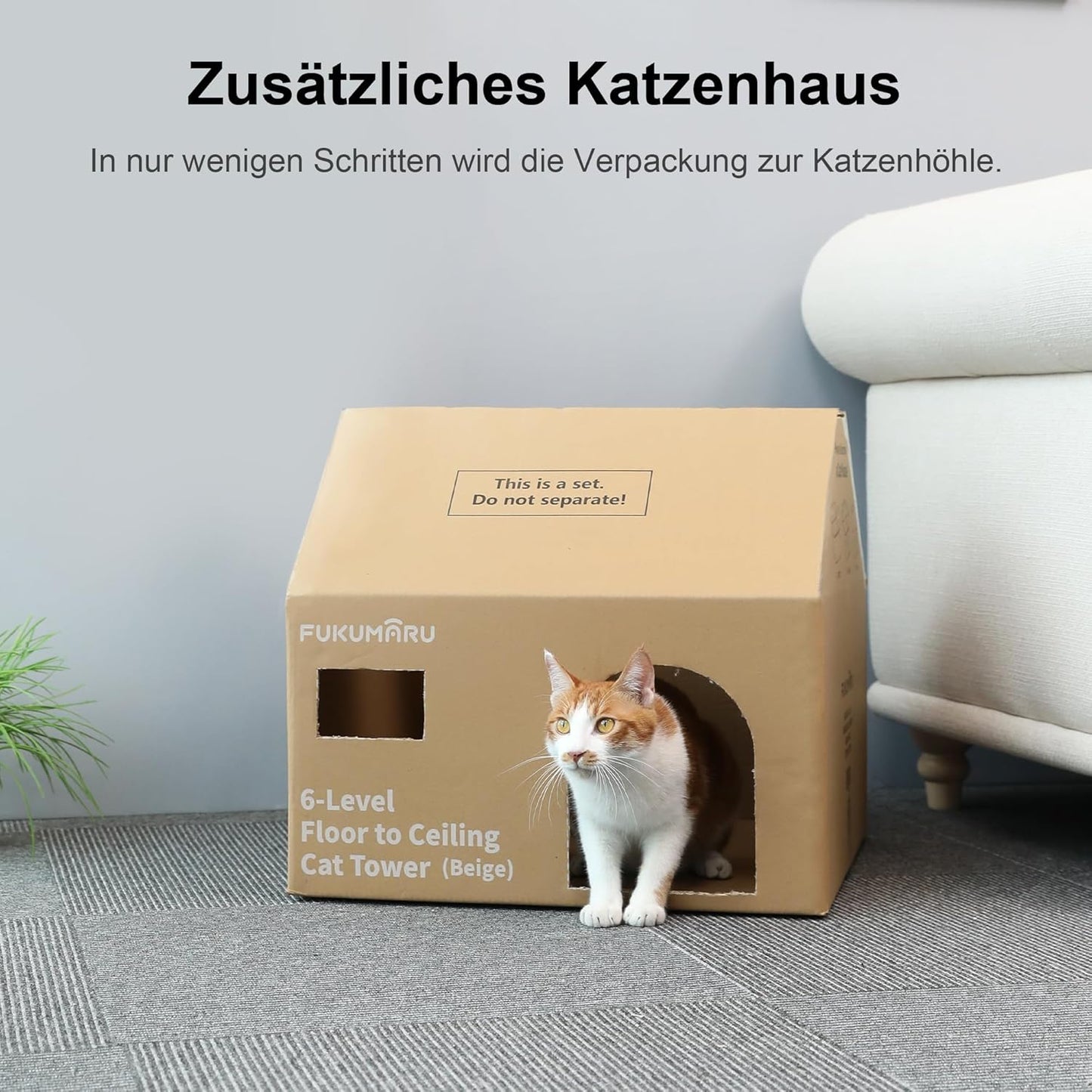 6-Etagen Kratzbaum mit Hängematte und Versteckzelt, höhenverstellbar, beige (282-305cm)