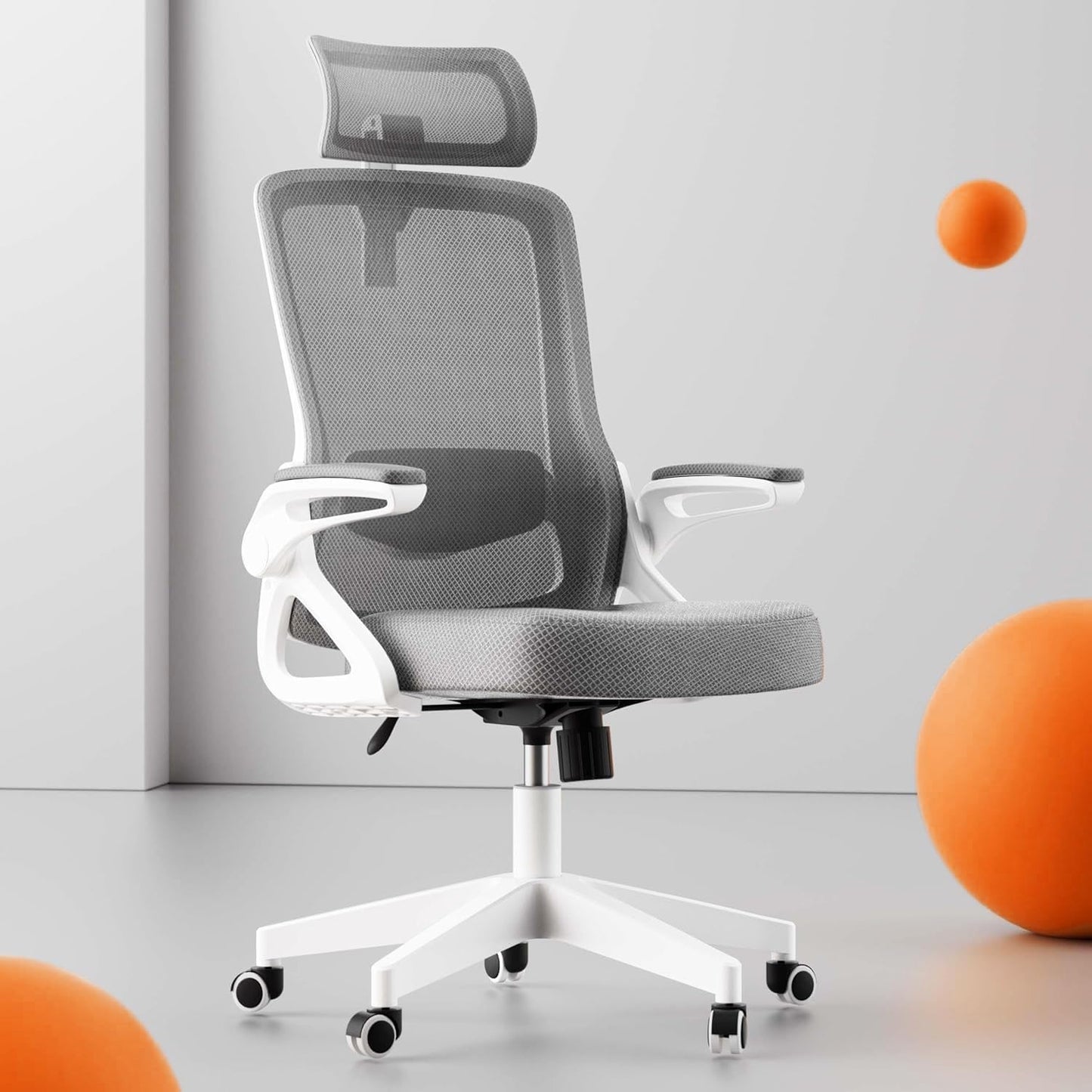 Ergonomischer S-förmiger Bürostuhl ‎W-23-1W mit Klapparmlehnen, Weiss Grau