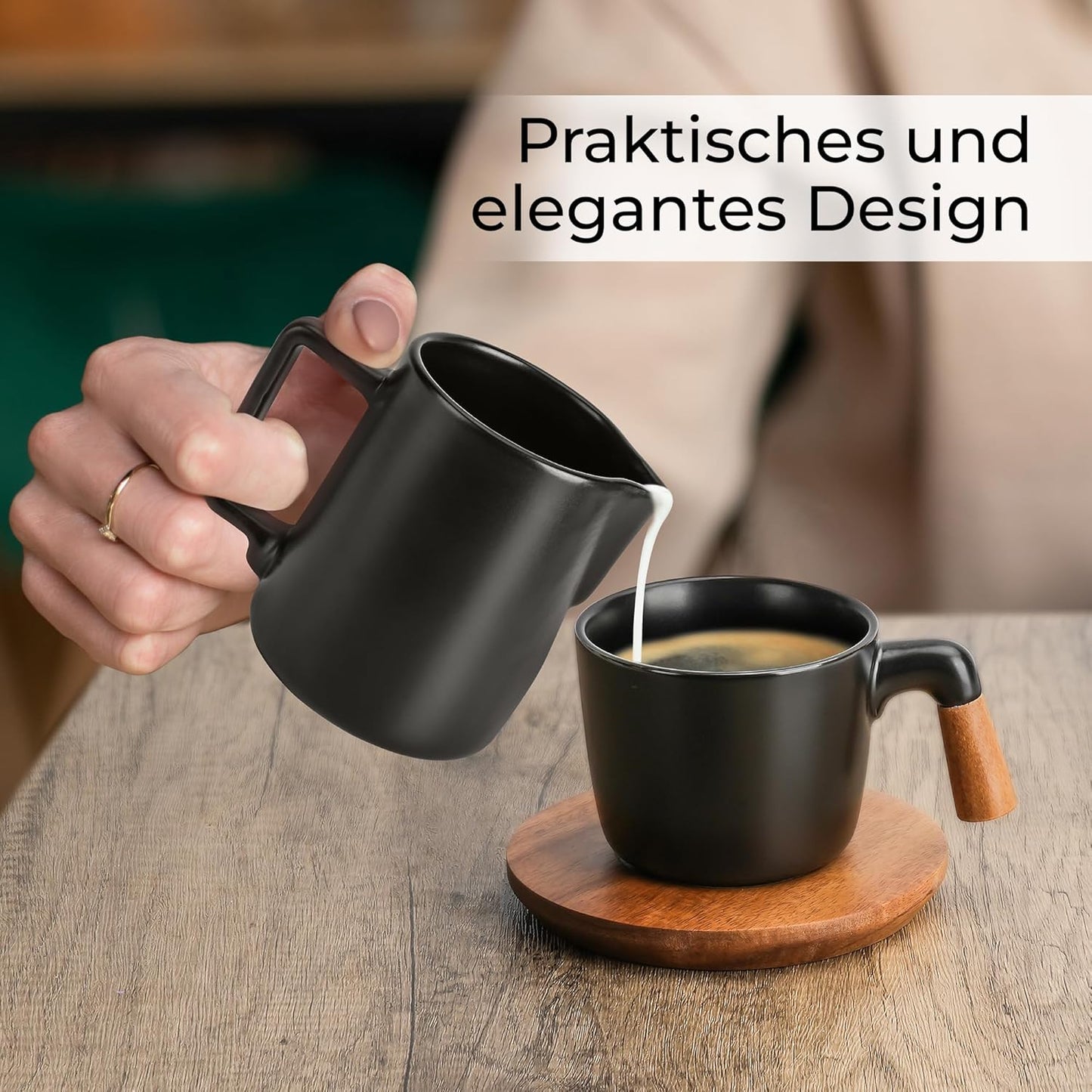 Milch- und Zucker-Set mit Holztablett, Schwarz