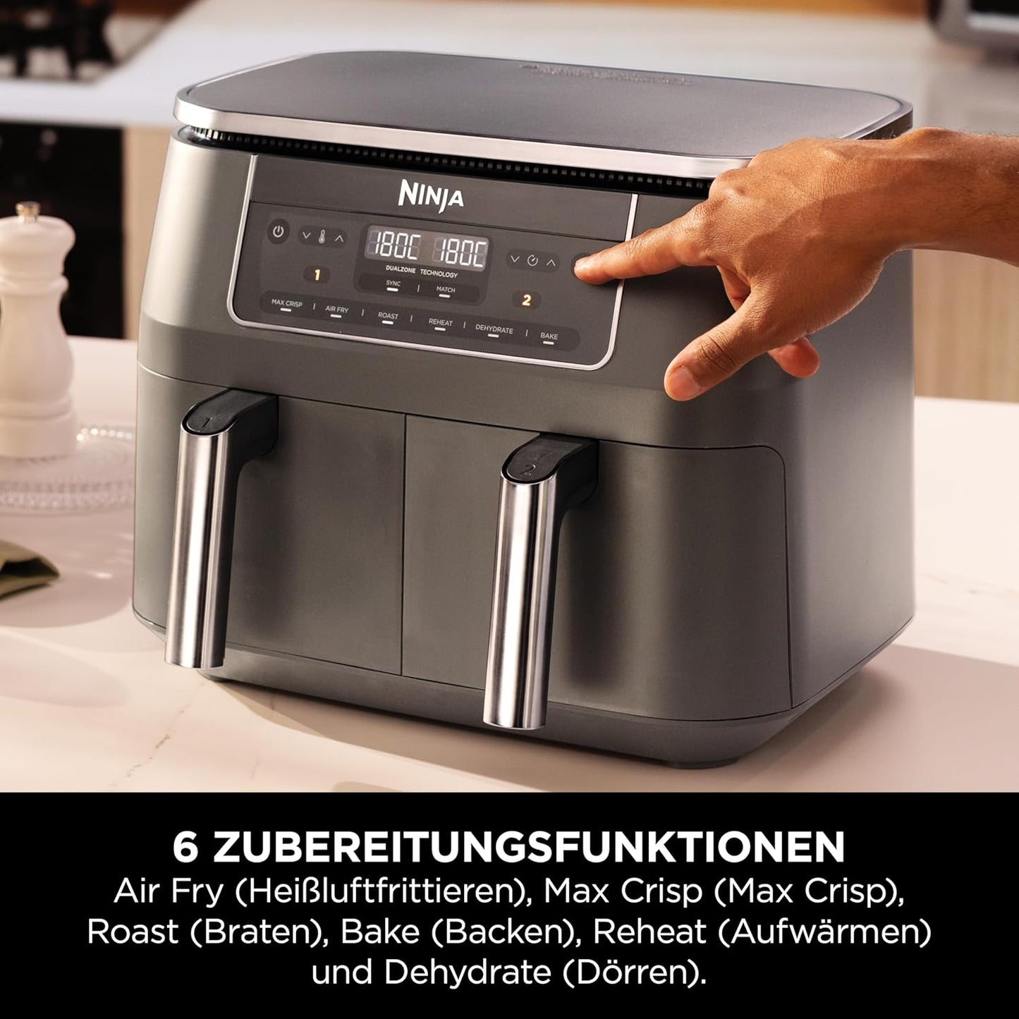 Dual Zone Heissluftfritteuse, Metallic Grau 31.5 cm x 38 cm x 26.5 cm