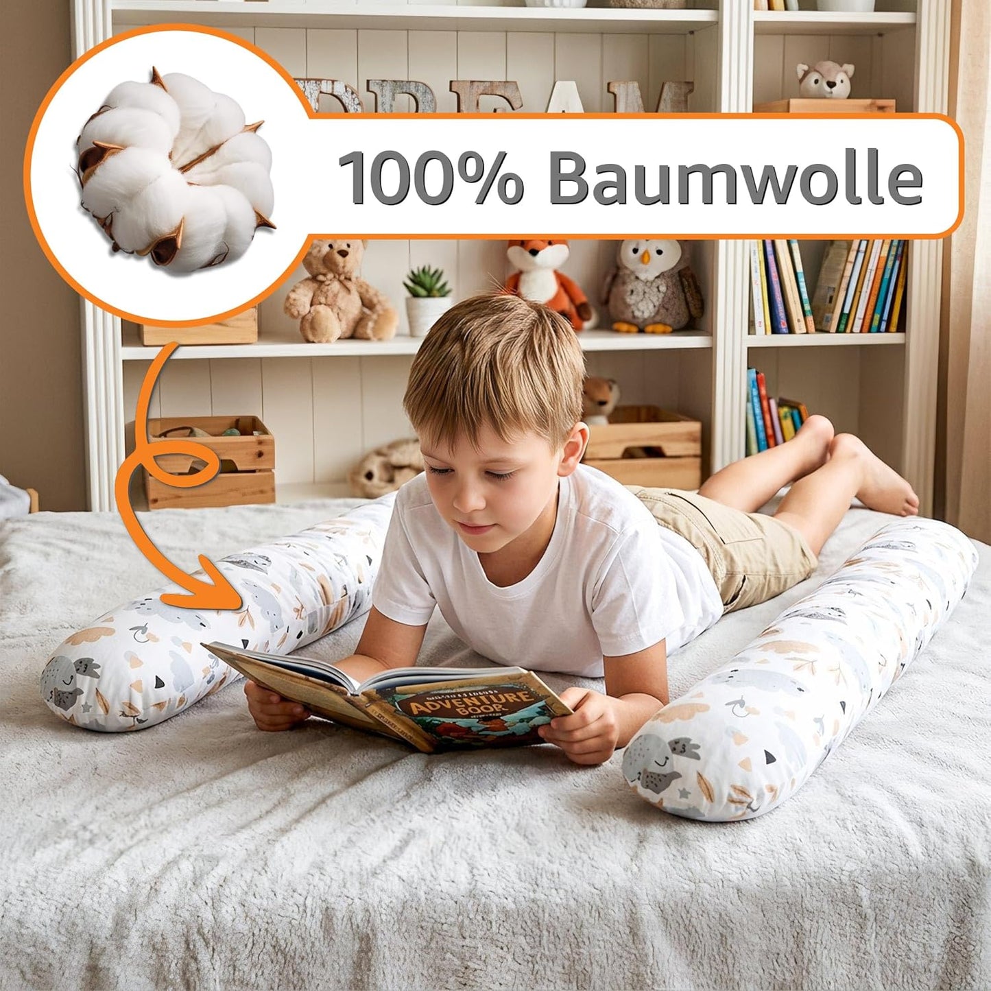 Bettschlange mit waschbarem Bezug, Beige mit Weiss Sternen 150 cm