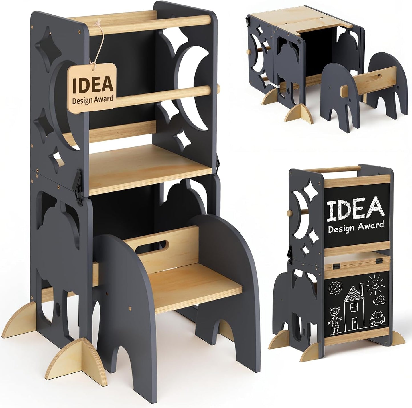 4in1 Lernturm mit Doppeltafel & Schreibtisch, Schwarz