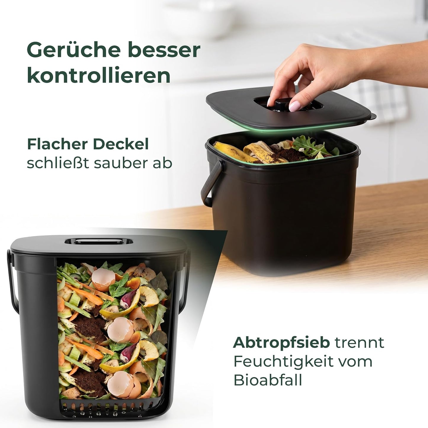 Bio-Tischmülleimer mit Sieb & Klappdeckel, 1