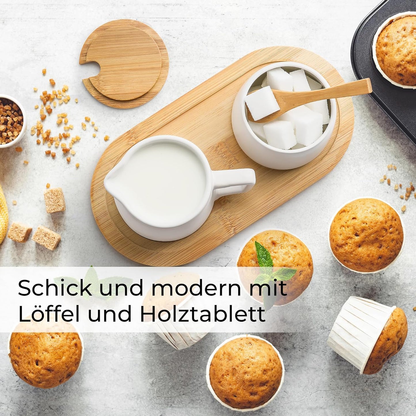 Milch- und Zucker-Set mit Holztablett, Weiss