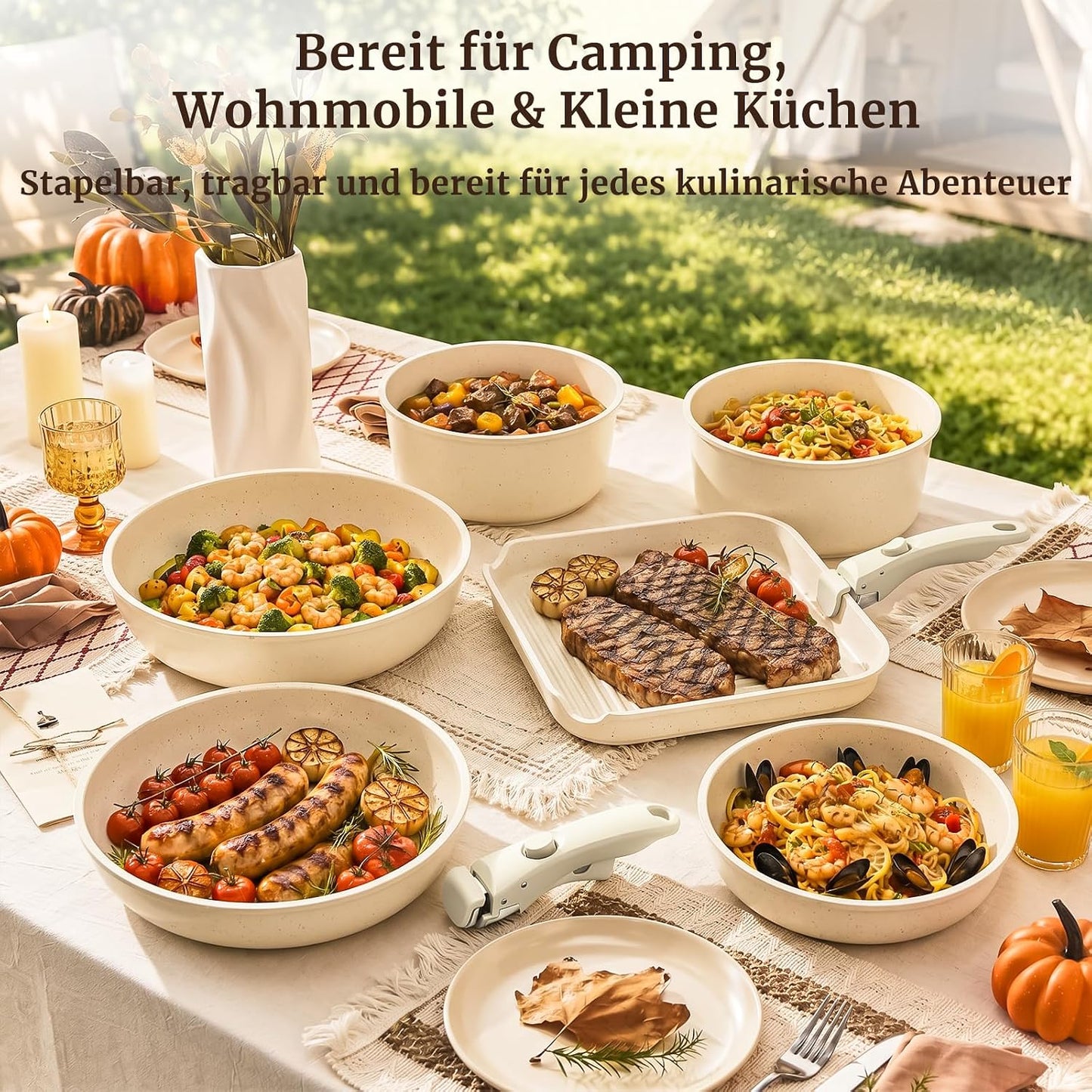 21-teiliges Kochgeschirrset mit abnehmbarem Griff, Weiss