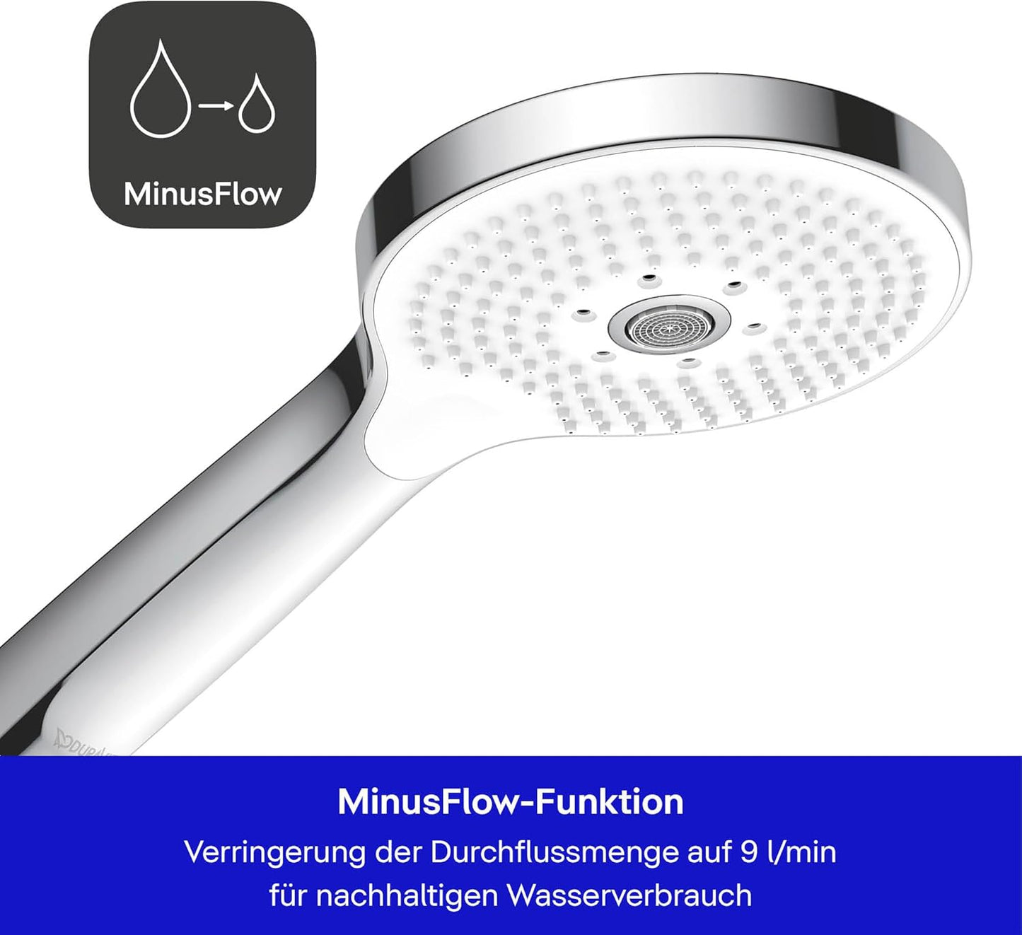 Duschkopf MinusFlow, wassersparend (MinusFlow), mit 3 Strahlarten (Click!) Chrom/Weiss