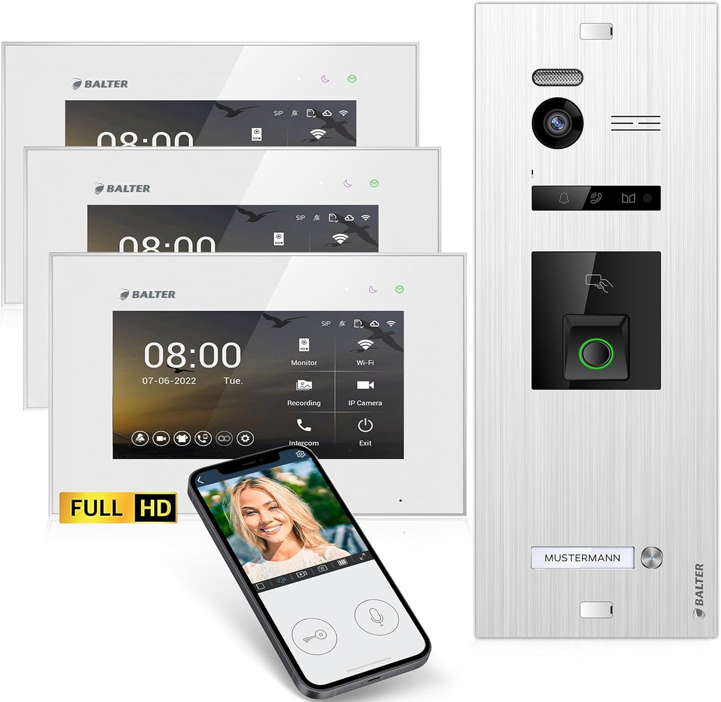 EVO-HD Video Türsprechanlage mit Fingerprint, A. Silber/Weiss ; 3 Monitore, Mit App