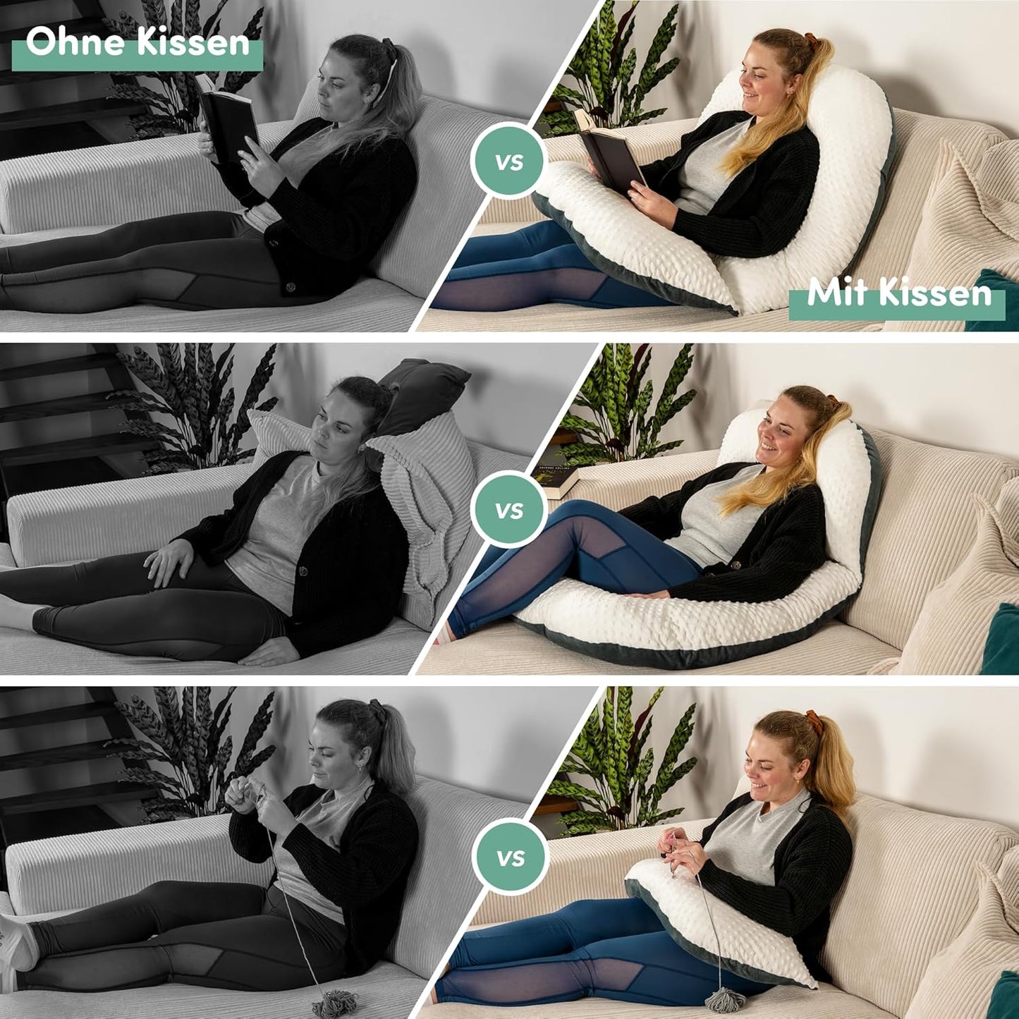 Lesekissen für Bett und Sofa, Noppen Weiß/Dunkelgrau