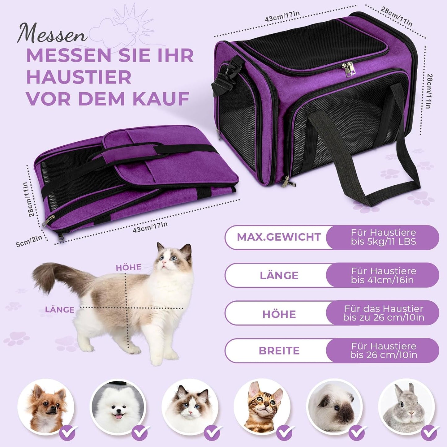 Faltbare Haustier-Transporttasche, 43 x 28 x 28cm Lila