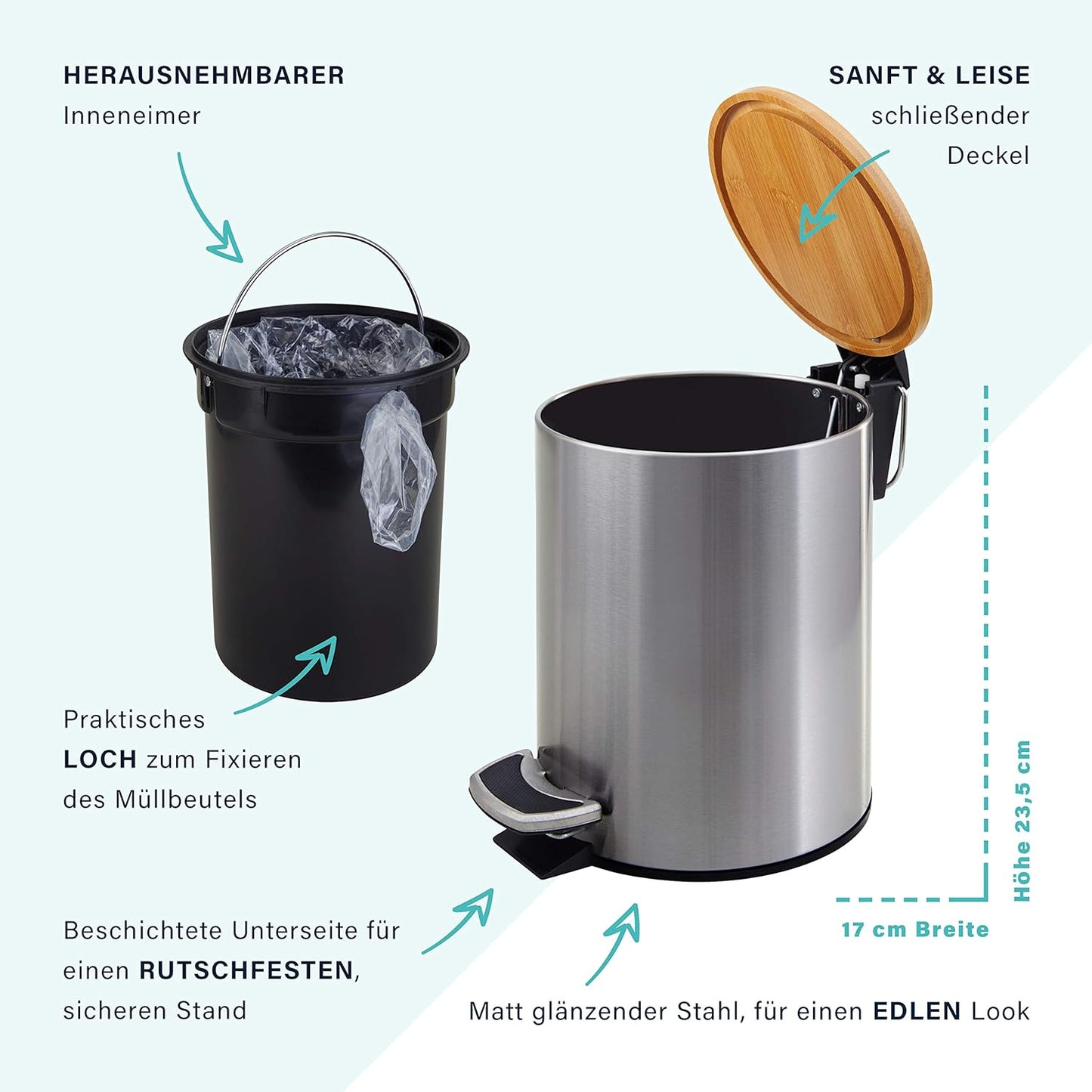 Kosmetikeimer mit Bambusdeckel, 5 Liter silber