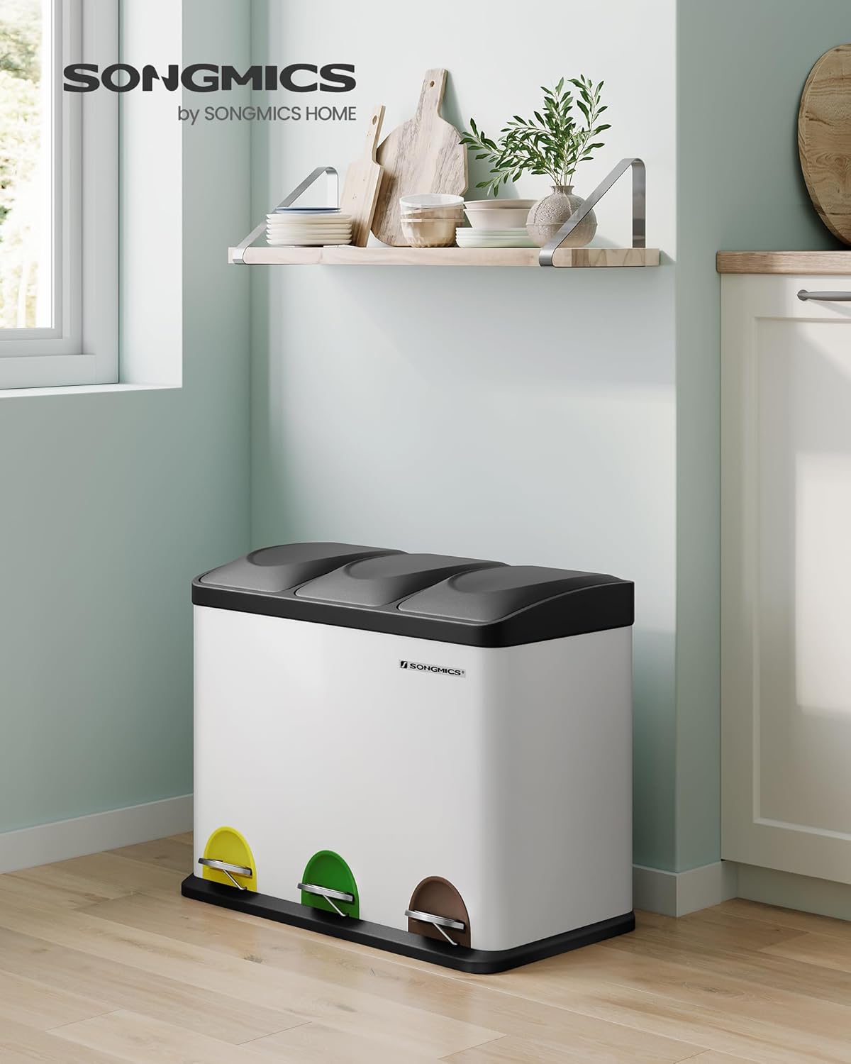 3 Fächer Mülltrennsystem Treteimer LTB45W, Wolkenweiss + Tintenschwarz