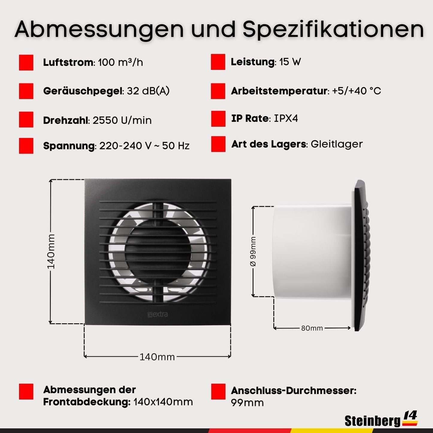 Badlüfter mit Feuchtigkeitssensor und Timer, Ø 100mm Anthrazit