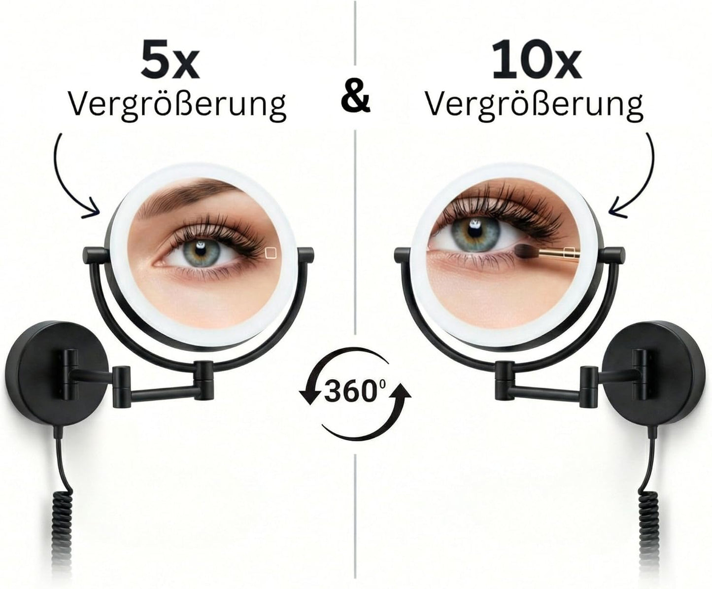 LED Kosmetikspiegel Modena mit Dimmer & Vergrösserung, Schwarz 5x / 10x