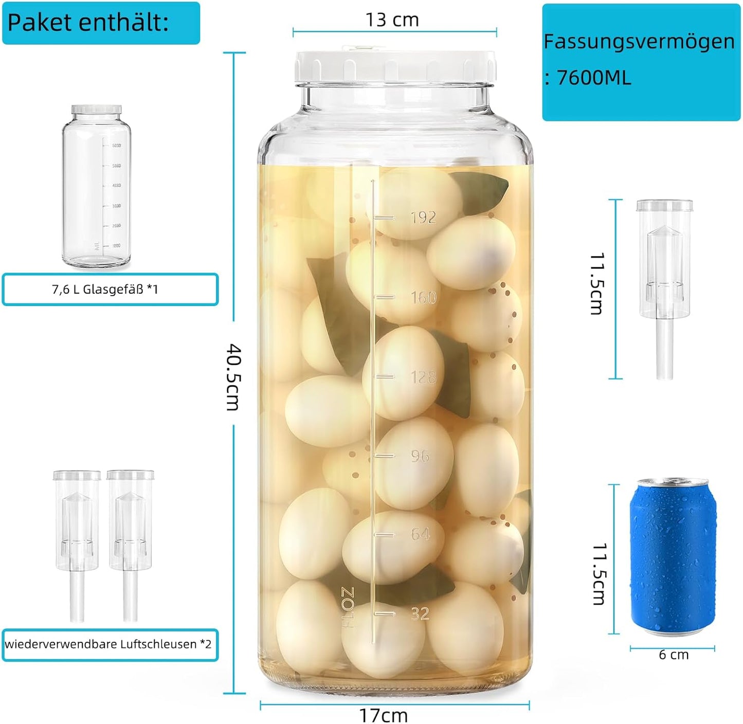 Grosses Fermentierglas mit Luftschleuse, 7,6 L