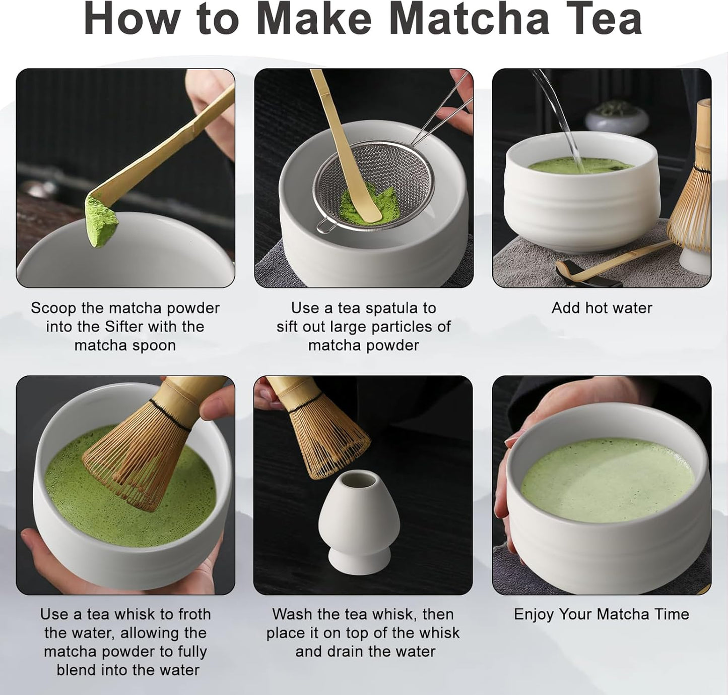 Matcha-Set mit Bambusbesen und Zubehör (7-teilig), Flache Spitze, Mattweiss Bambus-Matcha-Besen