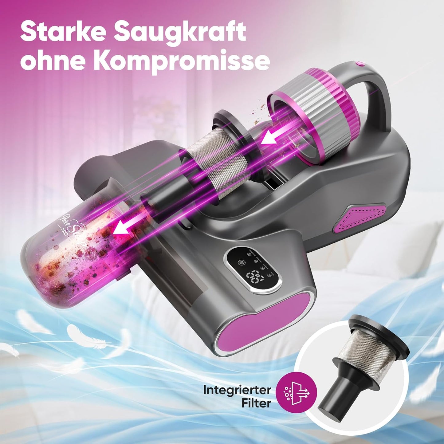 Kabelloser Milbensauger mit UV-Licht und Warmluft, Grausd