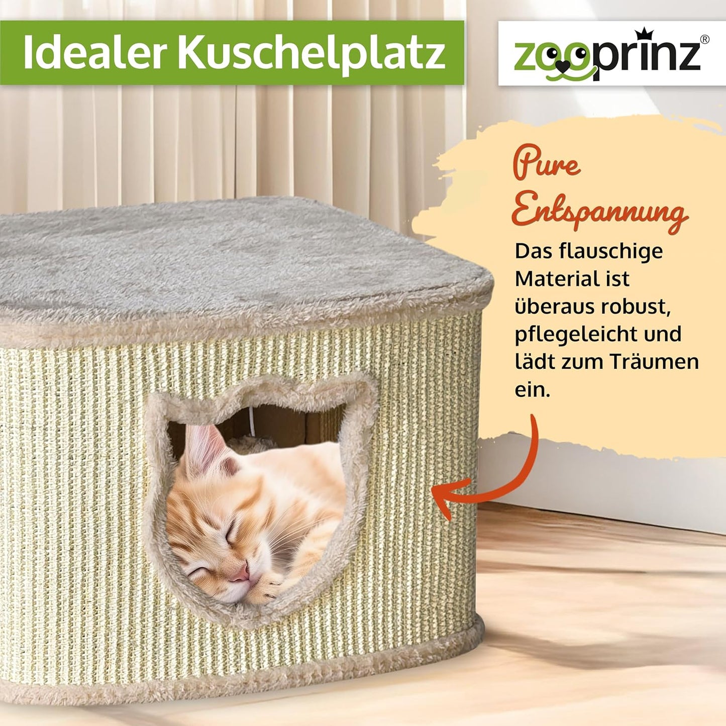 Katzenhaus mit Sisalwänden und Plüsch, Beige