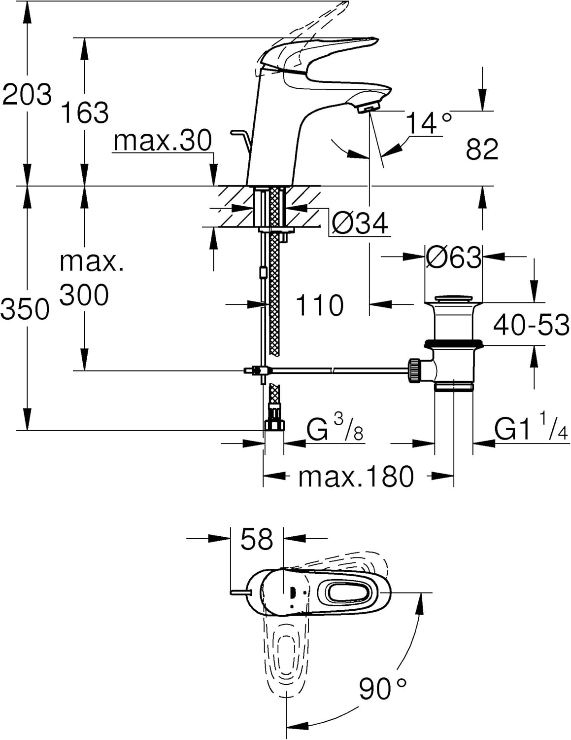 Eurostyle Waschtischarmatur, S / offener Metall-Hebelgriff mit SilkMove ES (moon white) / Weiá