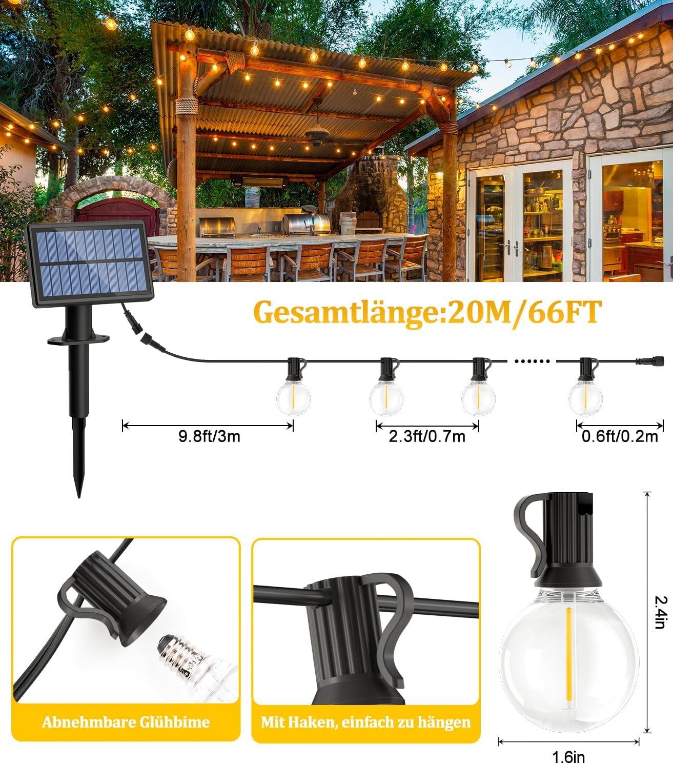 Solar LED Lichterkette mit Fernbedienung, G40 Gewinde, 20M-Solarenergie