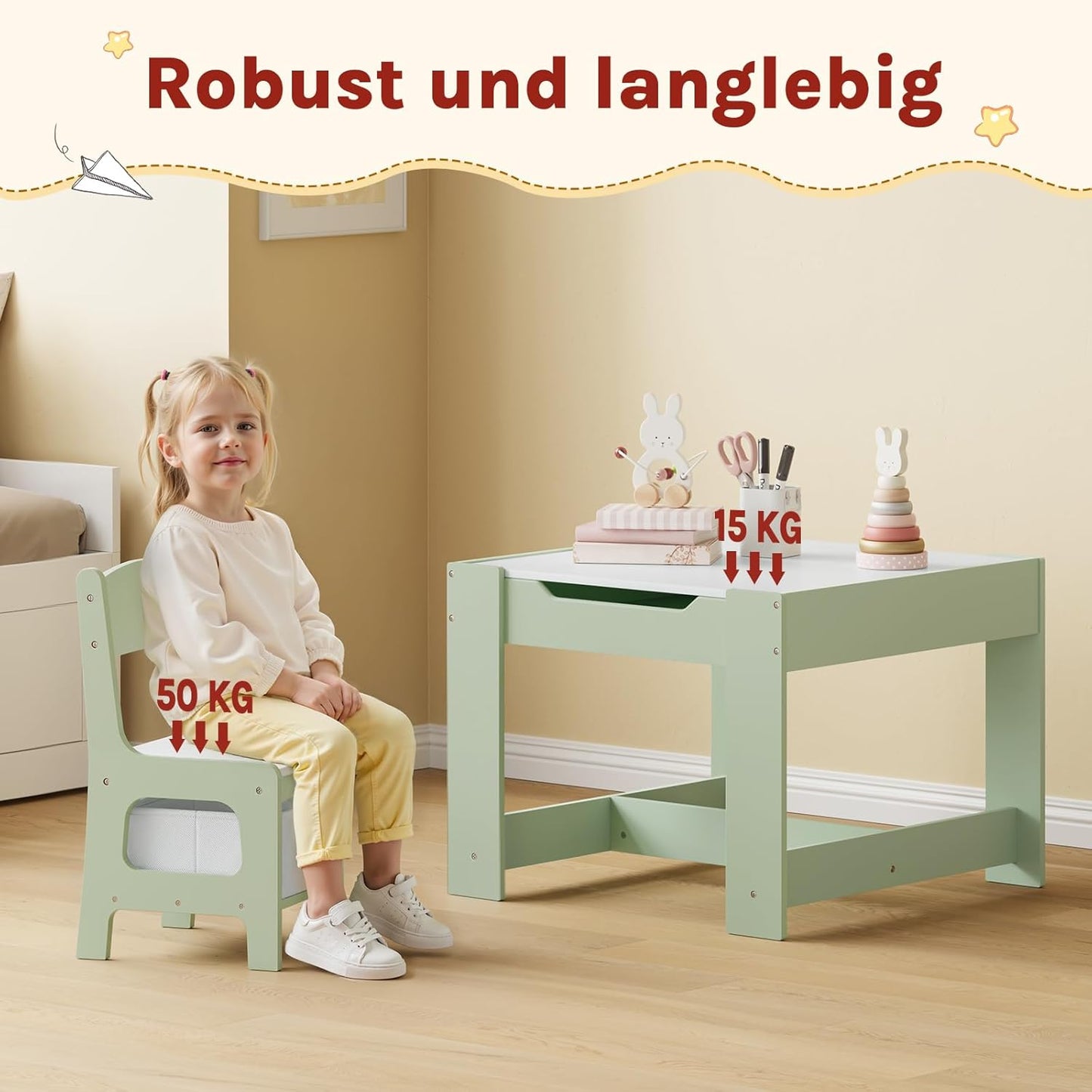 Kindertisch mit Stühlen und Stauraum, Grün + Weiss
