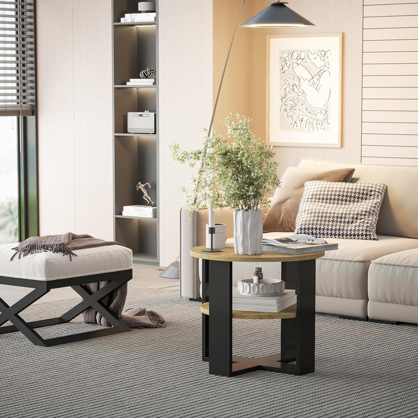 Runder Couchtisch mit Ablage, Schwarz & Eiche Durchmesser: 53CM