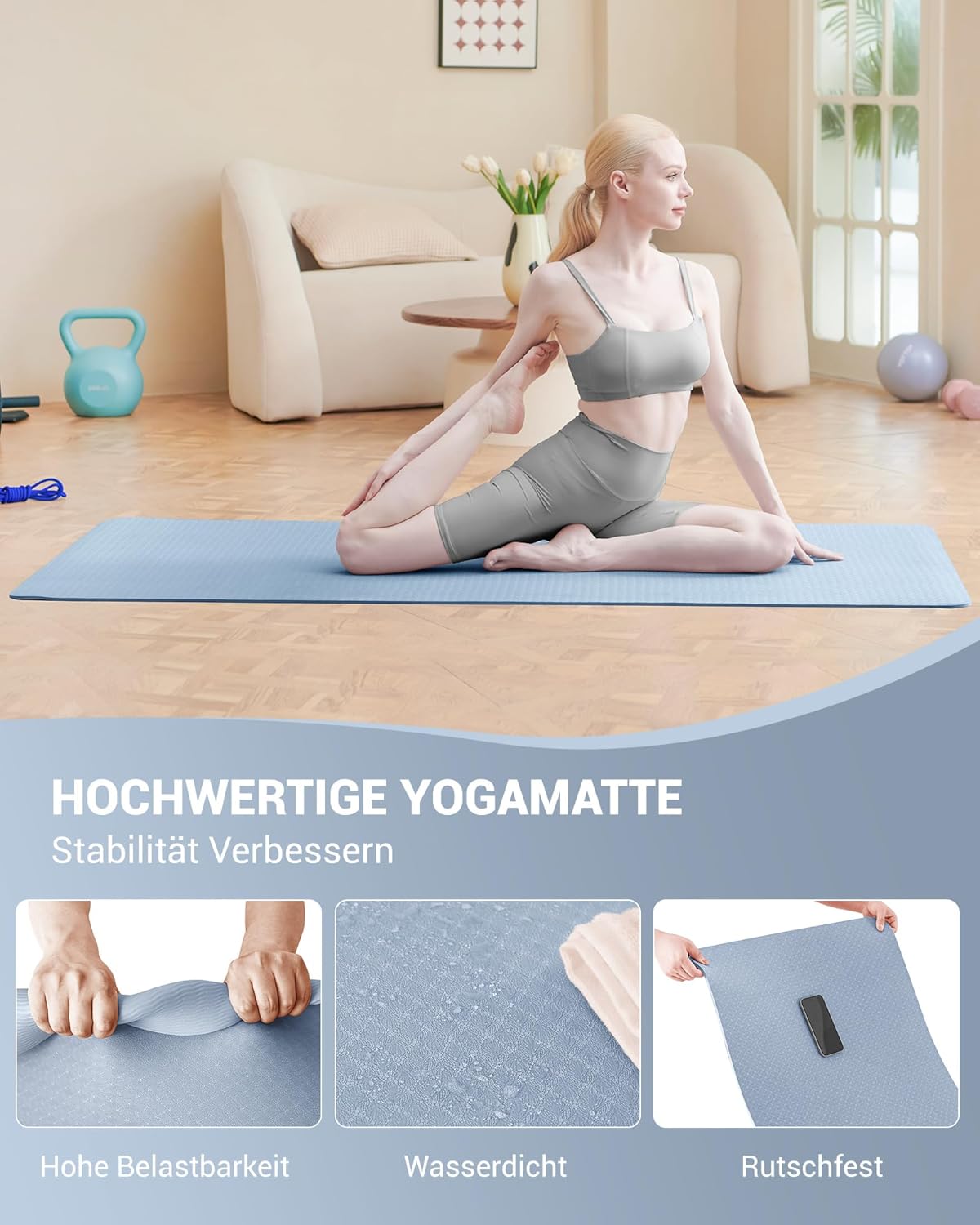 Rutschfeste Yogamatte, Blau 6 mm