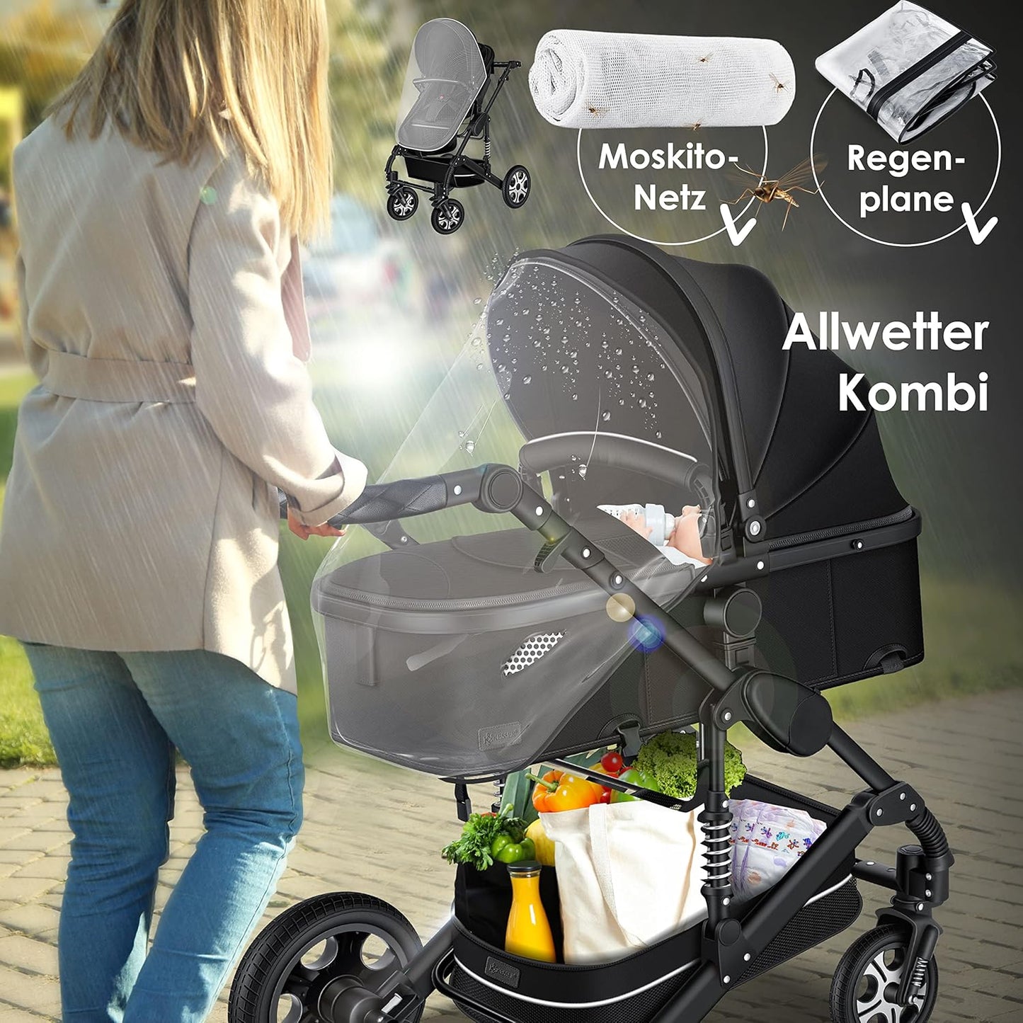 Loops 3 in 1 Kombikinderwagen-Set mit Babyschale, Schwarz / Schwarz