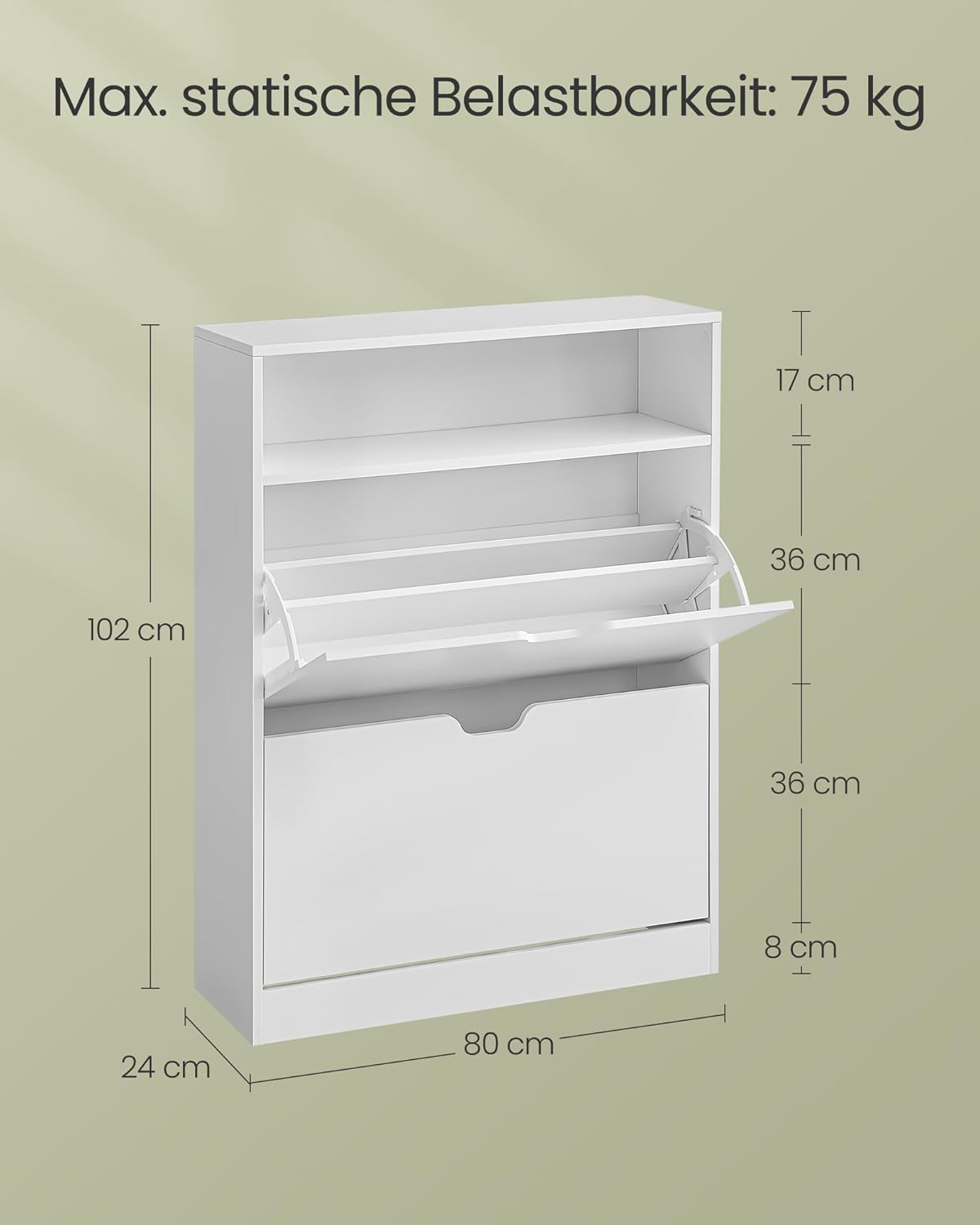 Schuhschrank mit 2 Klappen, Wolkenweiss 3 Tier (24 x 80 x 102 cm)