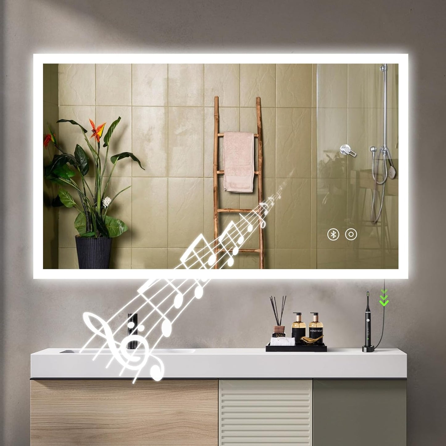 LED Badspiegel mit Bluetooth und Steckdose (100x60cm), Bluetooth+ Steckdose+ Beschlagfrei+ 3 Lichtfarbe 60L x 100B cm