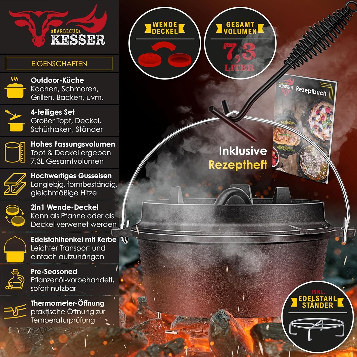 Dutch Oven Set, DO6P - 7.3 Liter Topf ohne Füße