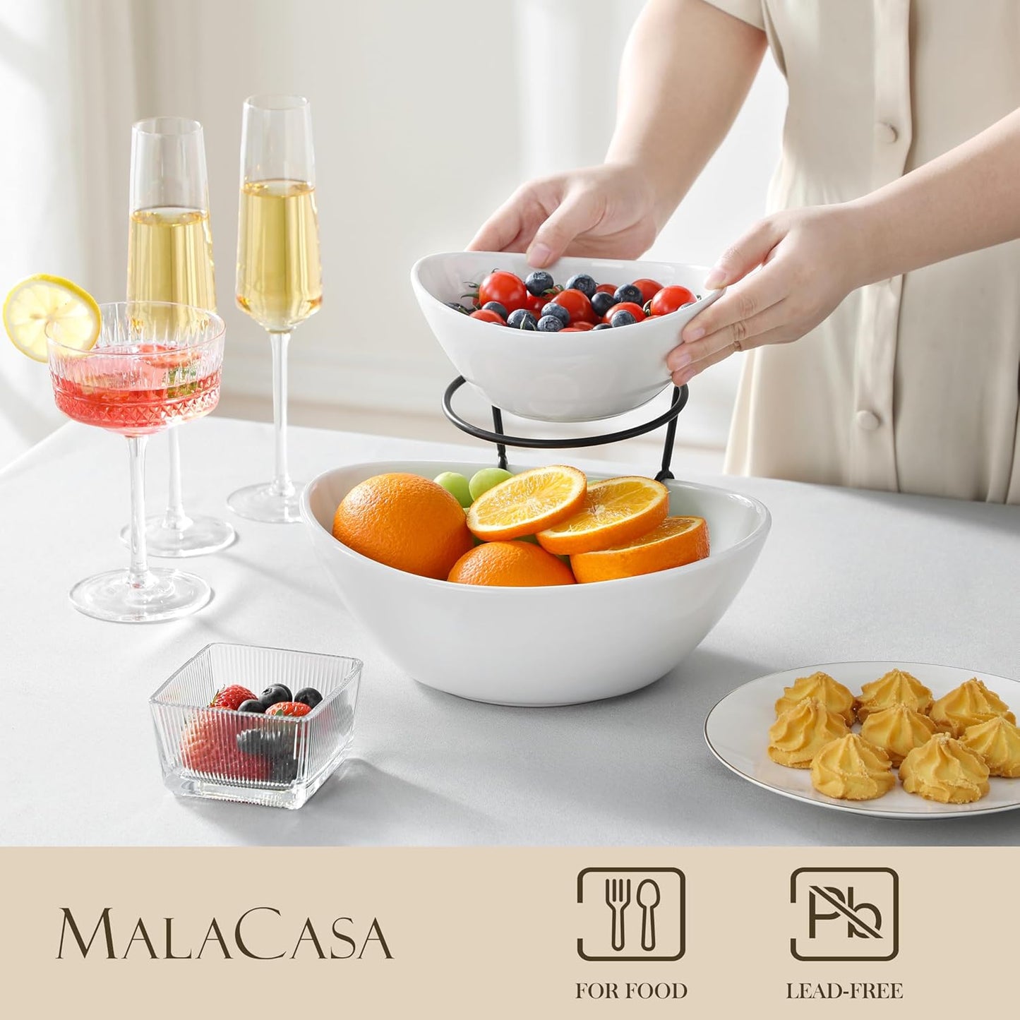 2er-Set Servierschalen mit Etagere, 600 ml/1800 ml Weiß
