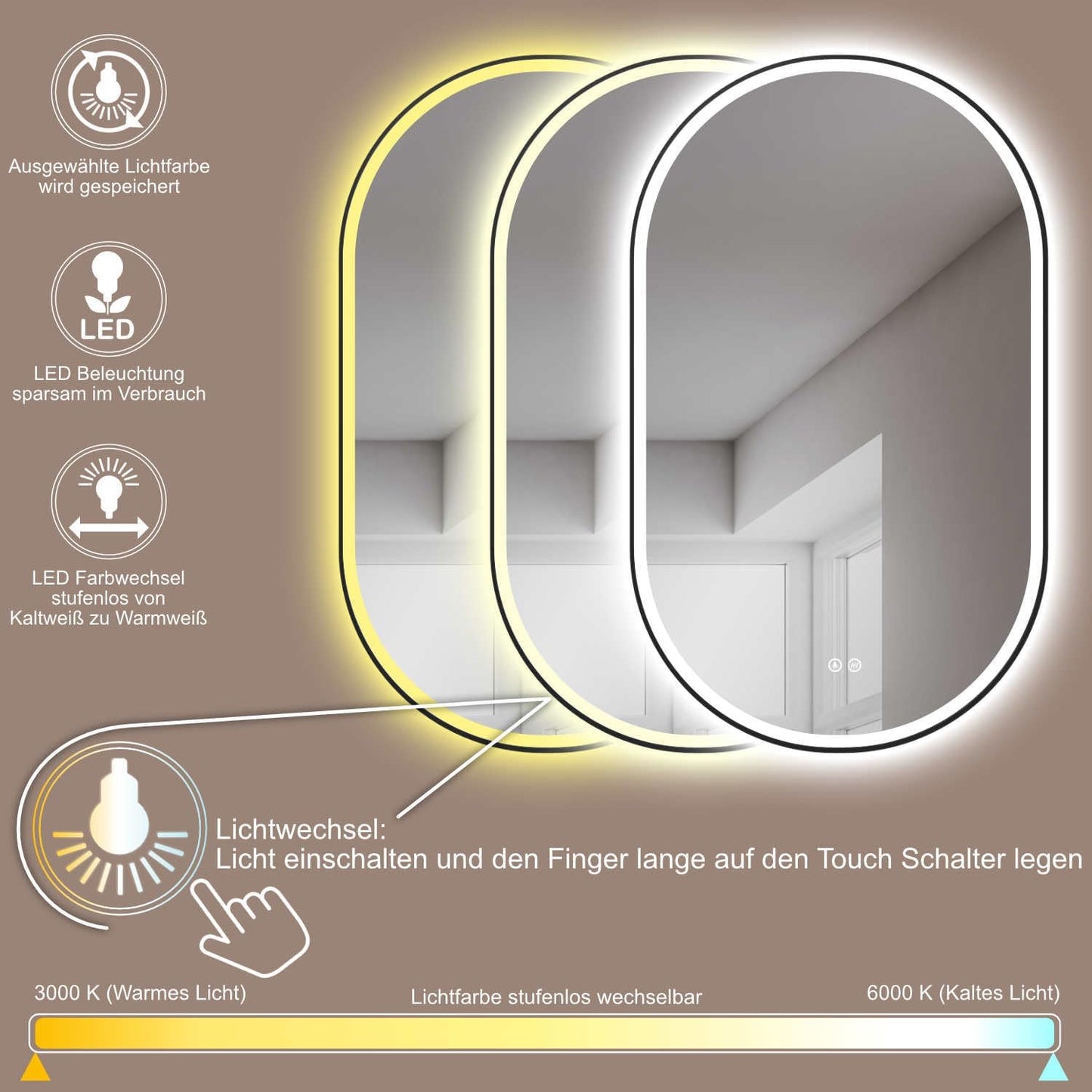 Antibeschlag LED Badspiegel mit Touch-Schalter, 75L x 45B cm ; Schwarz Oval